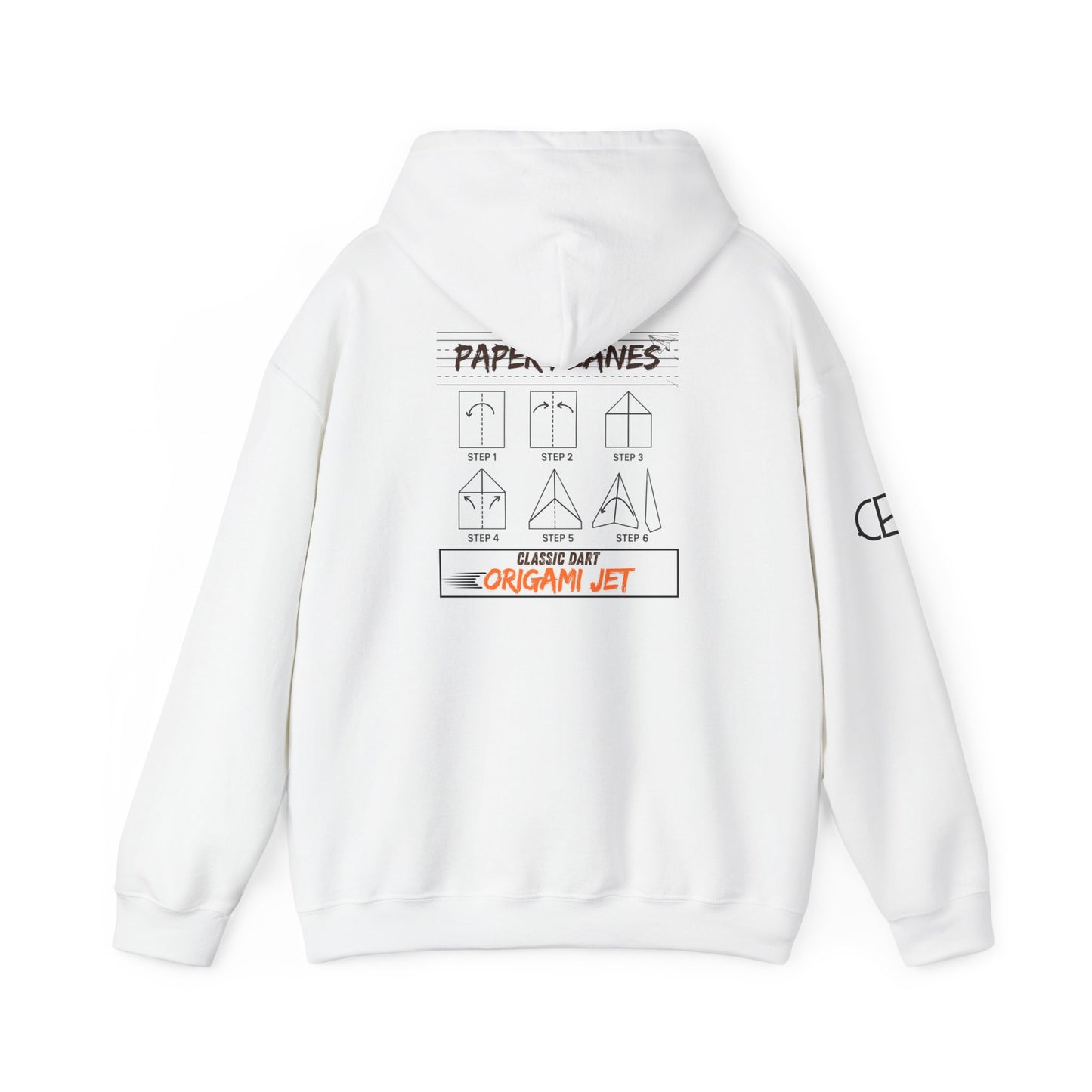 White pullover hoodie featuring the Paper Planes folding guide graphic with paper airplane instructions and "Origami Jet" artwork printed on the back.