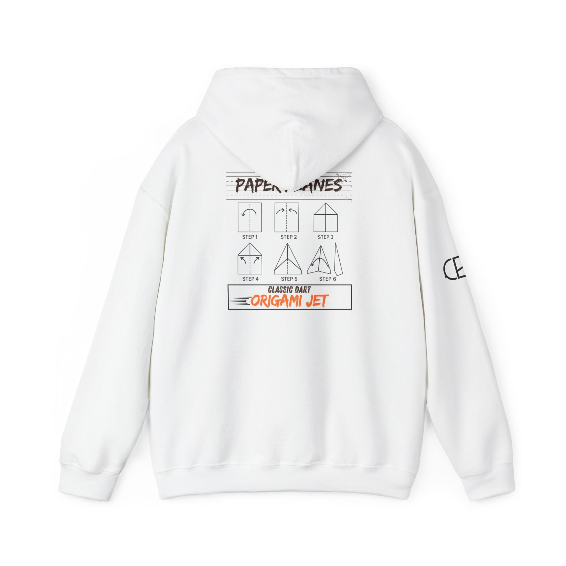 White pullover hoodie featuring the Paper Planes folding guide graphic with paper airplane instructions and "Origami Jet" artwork printed on the back.