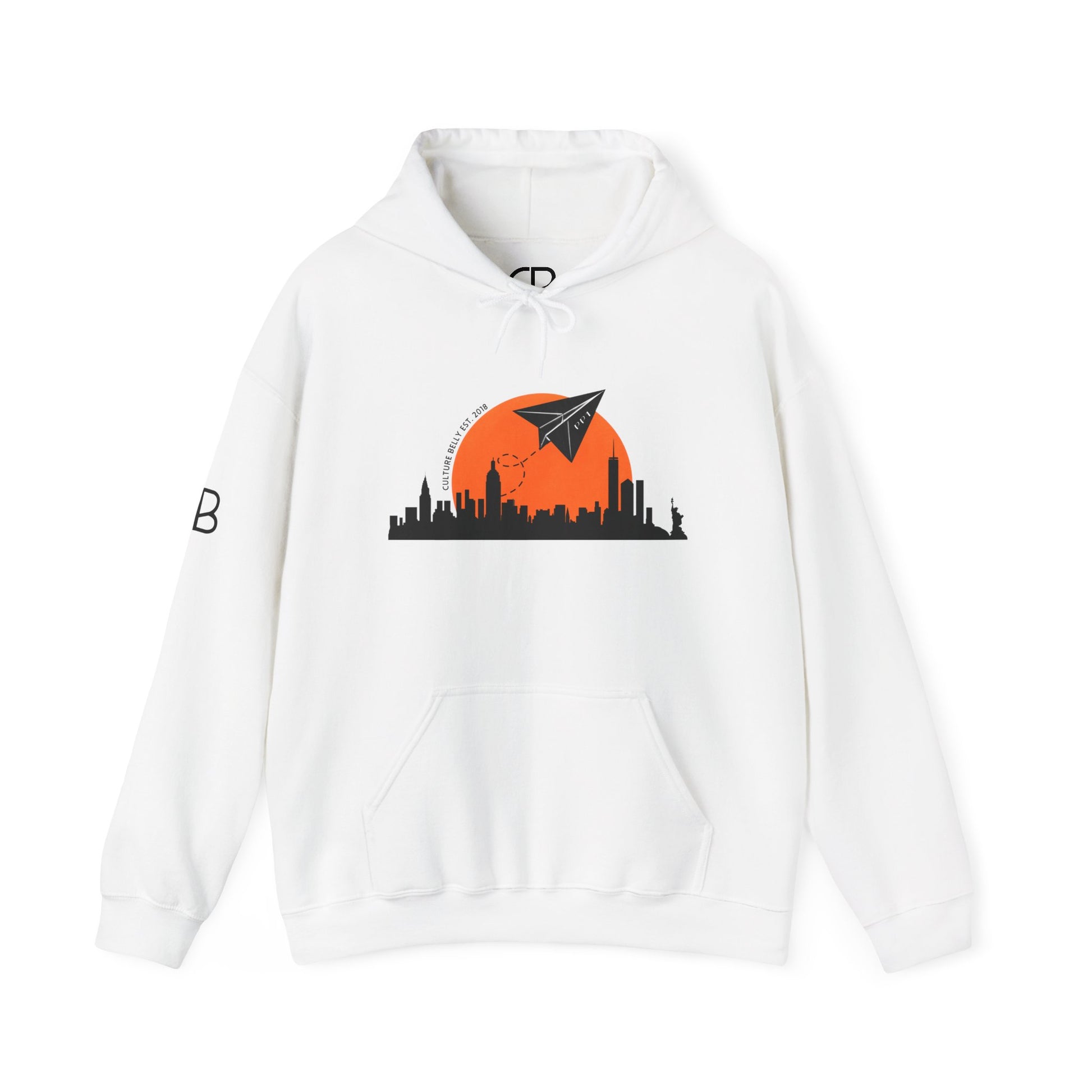 White pullover hoodie featuring the Paper Planes graphic with the New York City skyline, orange sunset, and paper airplane on the front.