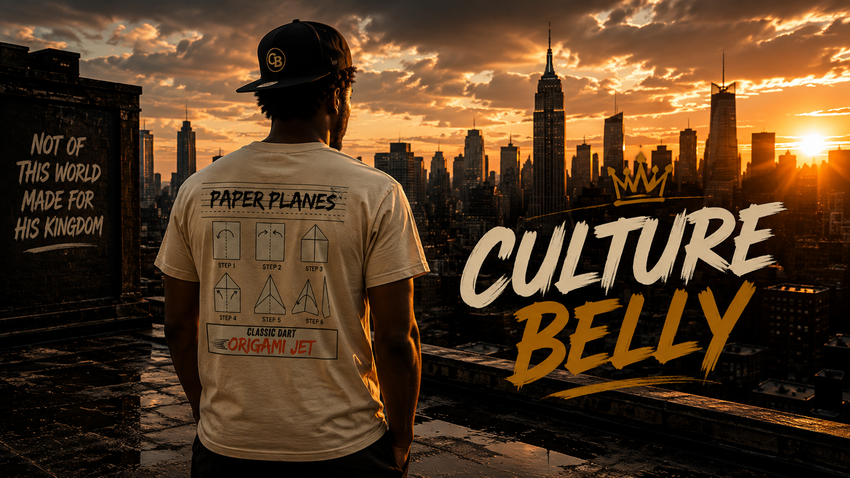 Culture Belly Paper Planes streetwear T-shirt overlooking the New York City skyline at sunset