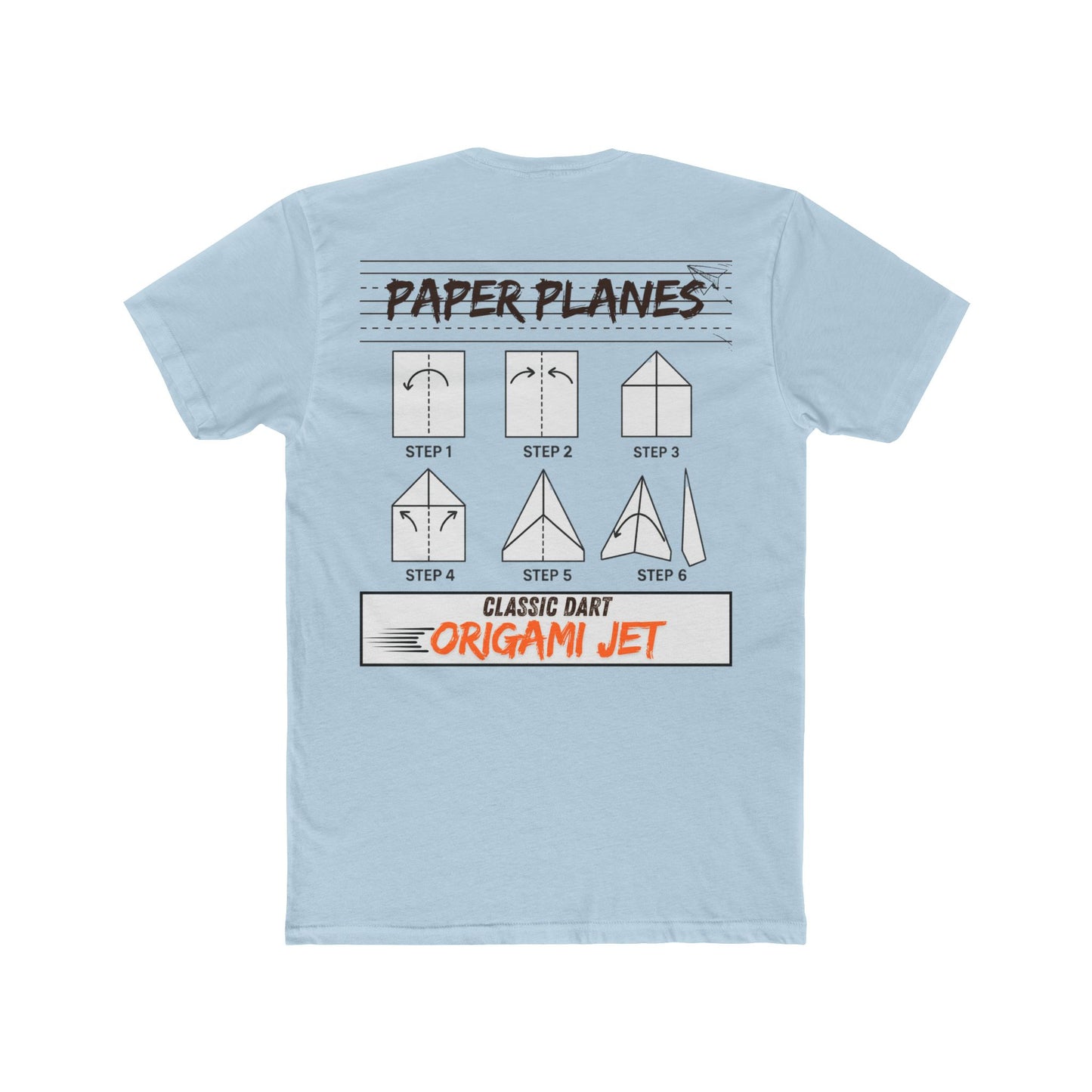 Solid Light Blue Paper Planes T-shirt shown from the back featuring paper airplane folding instructions with the "Paper Planes" title and Classic Dart Origami Jet graphic centered below the collar.
