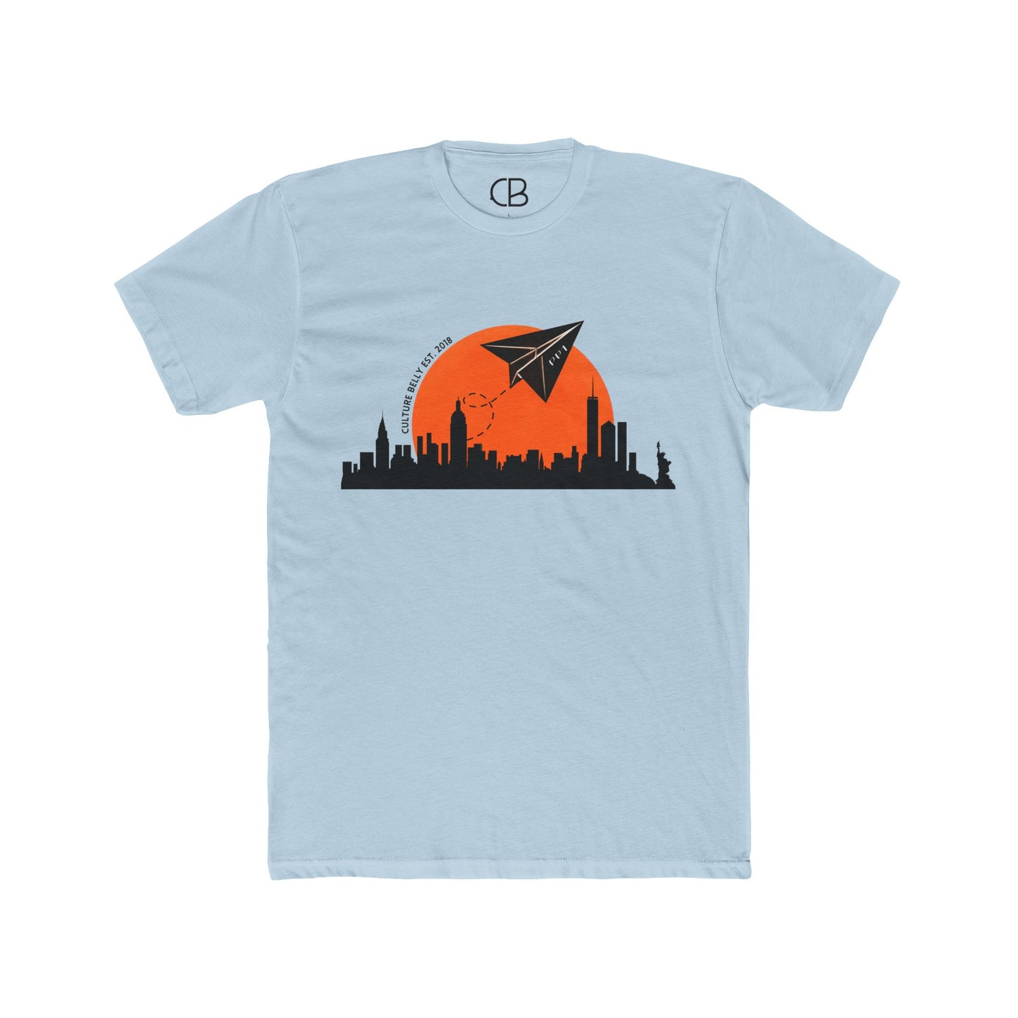 Solid Light Blue Paper Planes T-shirt featuring a New York City skyline silhouette with an orange sunset and a flying paper airplane on the front.