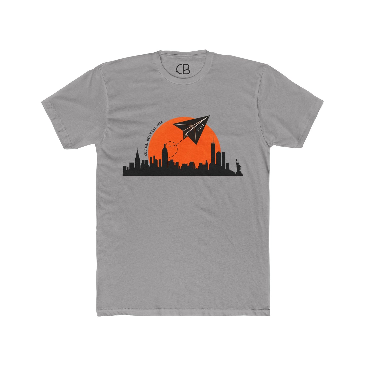 Solid Light Grey Paper Planes T-shirt featuring a New York City skyline silhouette with an orange sunset and a flying paper airplane on the front.