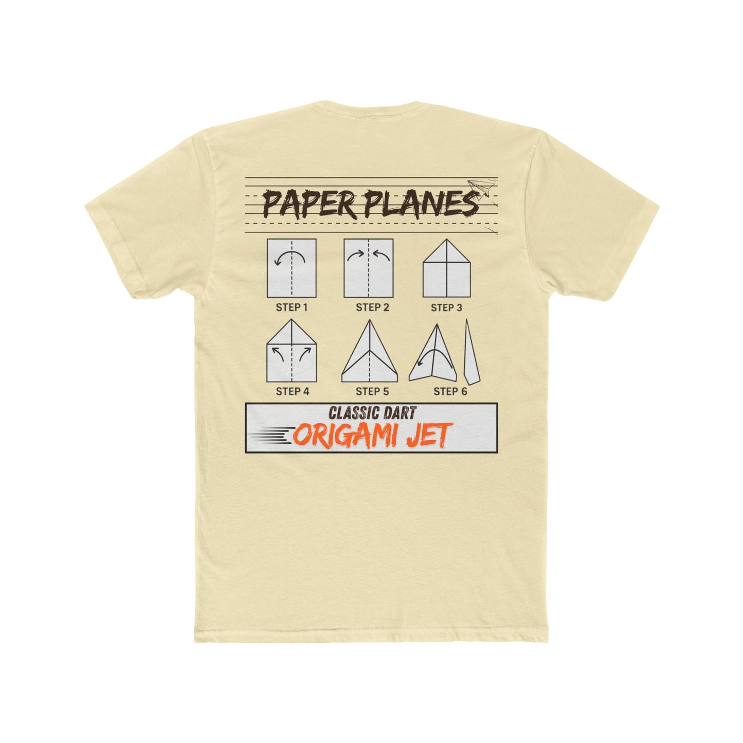 Solid Natural Paper Planes T-shirt shown from the back featuring paper airplane folding instructions with the "Paper Planes" title and Classic Dart Origami Jet graphic centered below the collar.