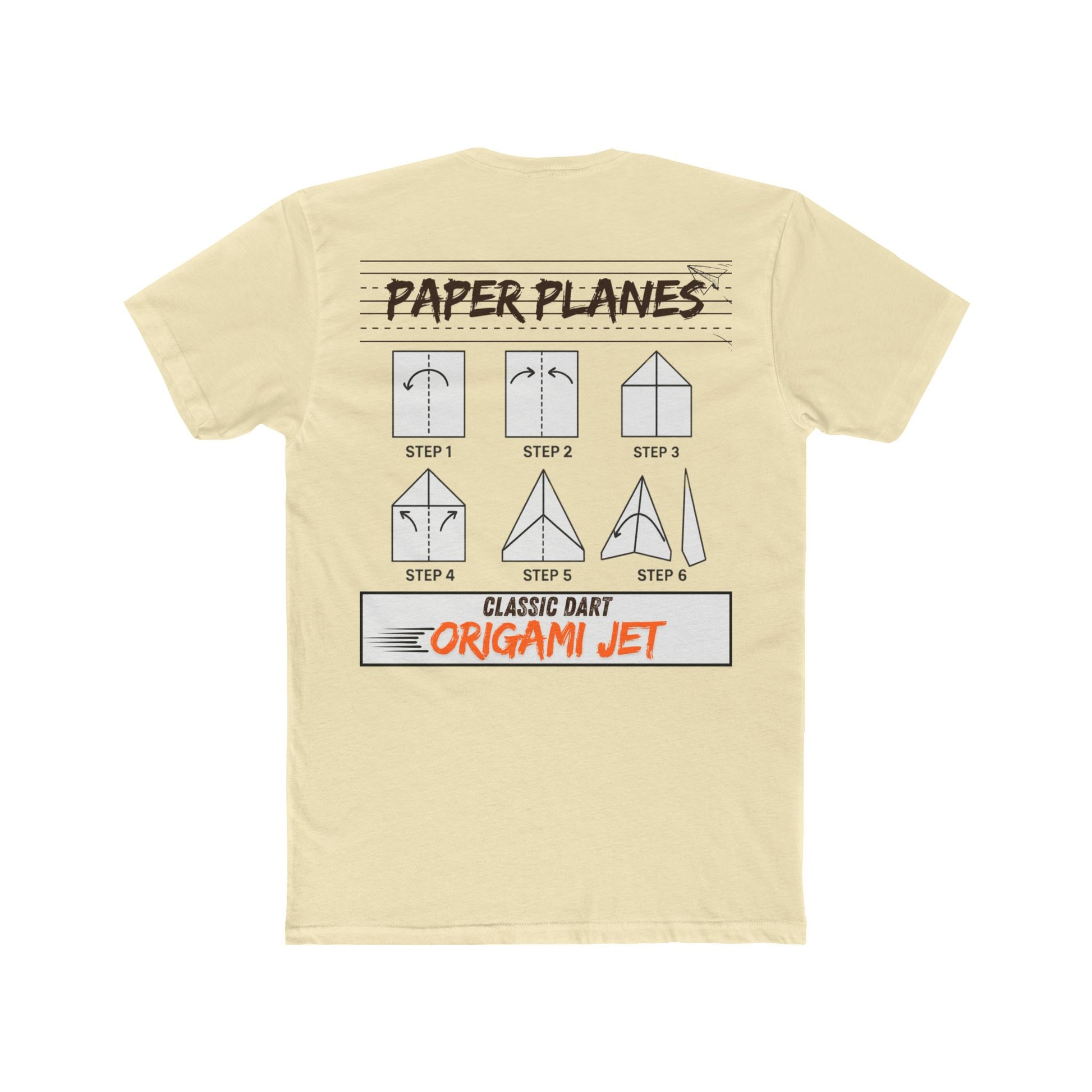 Solid Natural Paper Planes T-shirt shown from the back featuring paper airplane folding instructions with the "Paper Planes" title and Classic Dart Origami Jet graphic centered below the collar.
