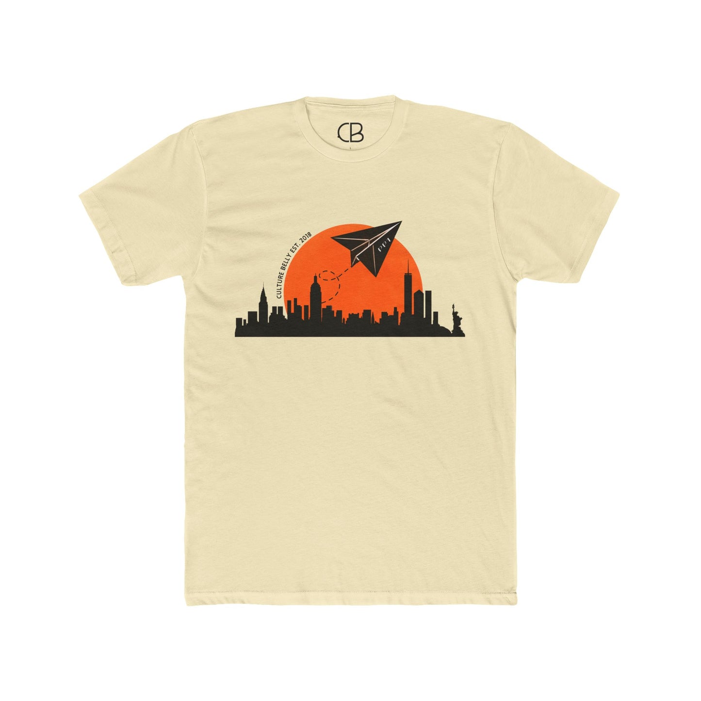 Solid Natural Paper Planes T-shirt featuring a New York City skyline silhouette with an orange sunset and a flying paper airplane on the front.