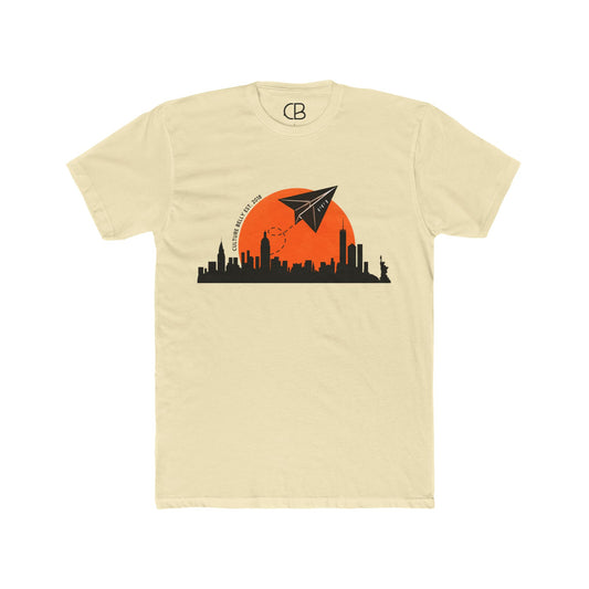 Solid Natural Paper Planes T-shirt featuring a New York City skyline silhouette with an orange sunset and a flying paper airplane on the front.