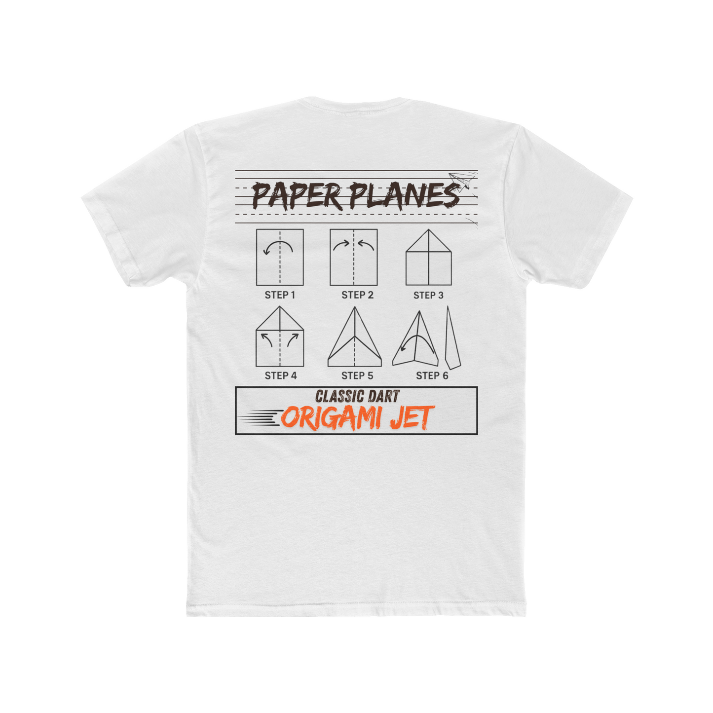 Solid White Paper Planes T-shirt shown from the back featuring paper airplane folding instructions with the "Paper Planes" title and Classic Dart Origami Jet graphic centered below the collar.
