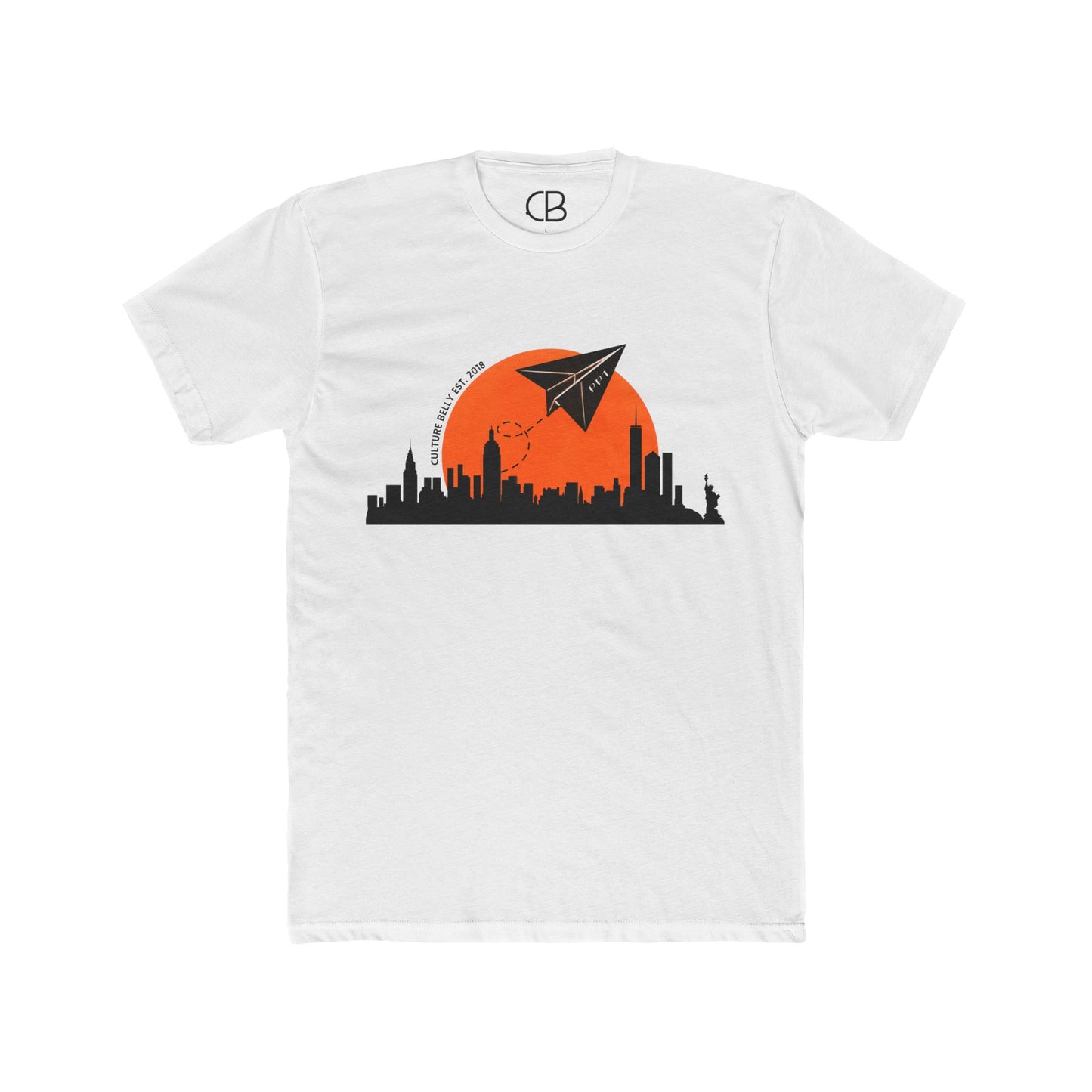 Solid White Paper Planes T-shirt featuring a New York City skyline silhouette with an orange sunset and a flying paper airplane on the front.