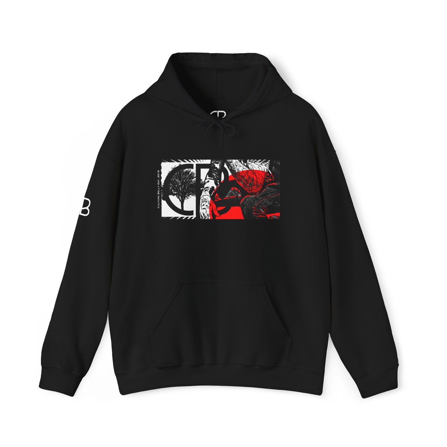 Black Reflections pullover hoodie featuring a bold split-panel graphic of a tree and red rose with monochrome artwork on the front and subtle Culture Belly sleeve branding.
