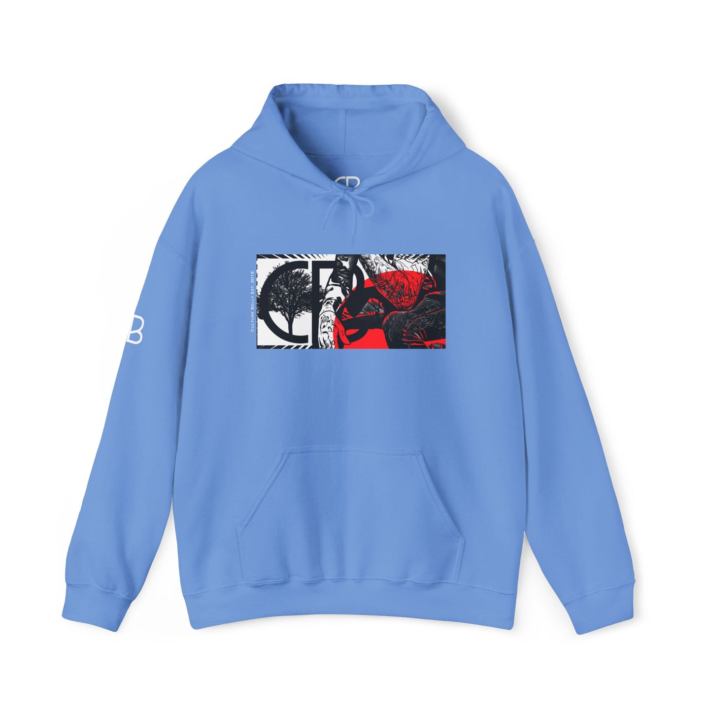 Carolina Blue Reflections pullover hoodie featuring a bold black, white, and red collage graphic on the front with matching Culture Belly sleeve branding.