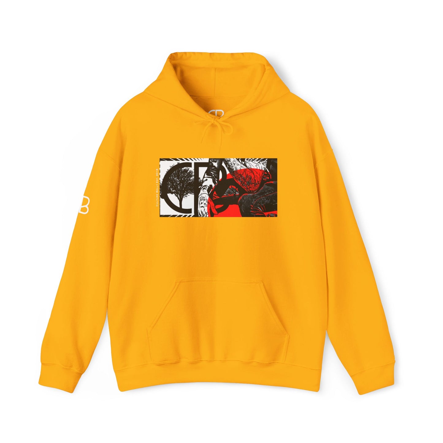 Gold Reflections pullover hoodie featuring a bold black, white, and red collage graphic on the front with matching Culture Belly sleeve branding.