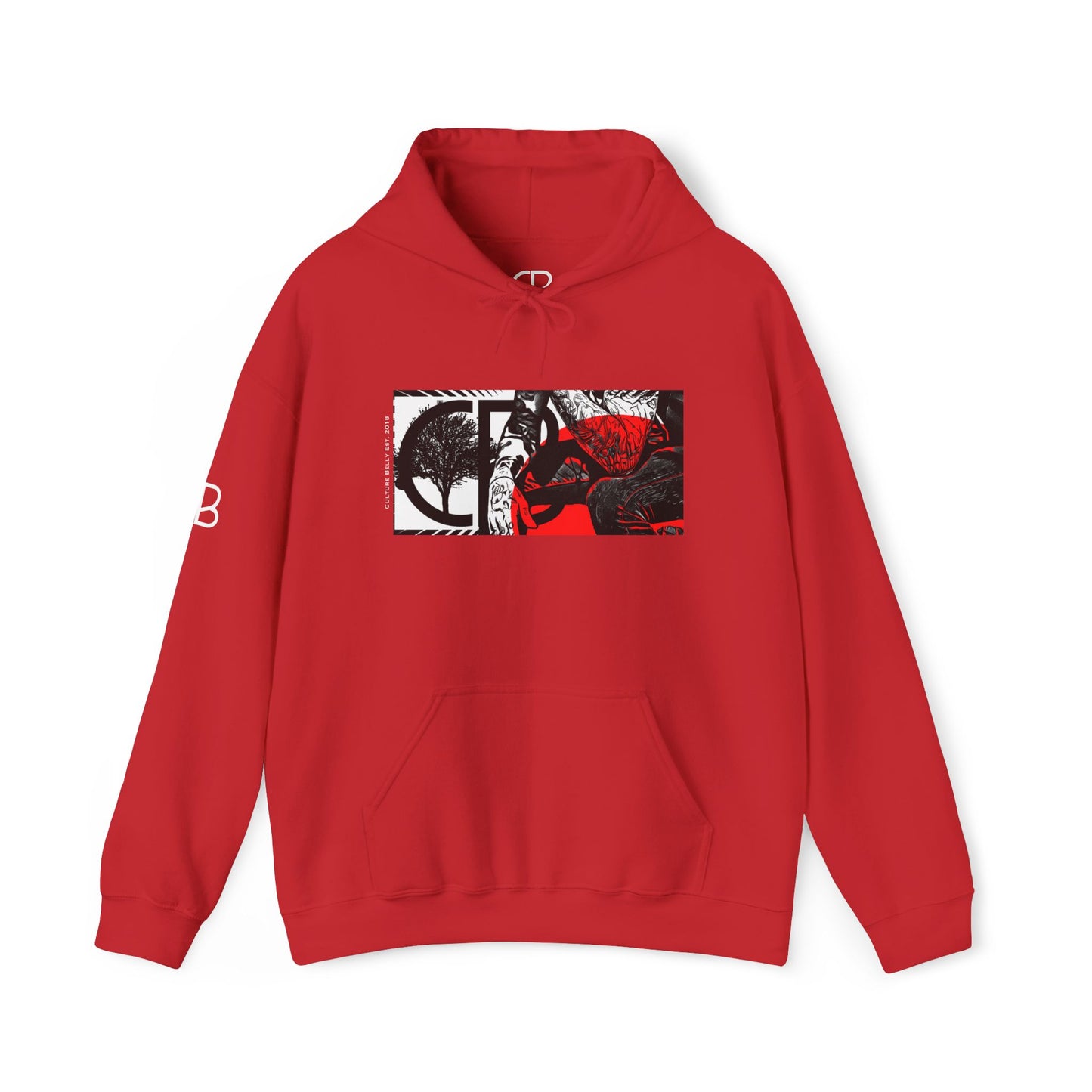 Red Reflections pullover hoodie featuring a bold black, white, and red collage graphic on the front with matching Culture Belly sleeve branding.