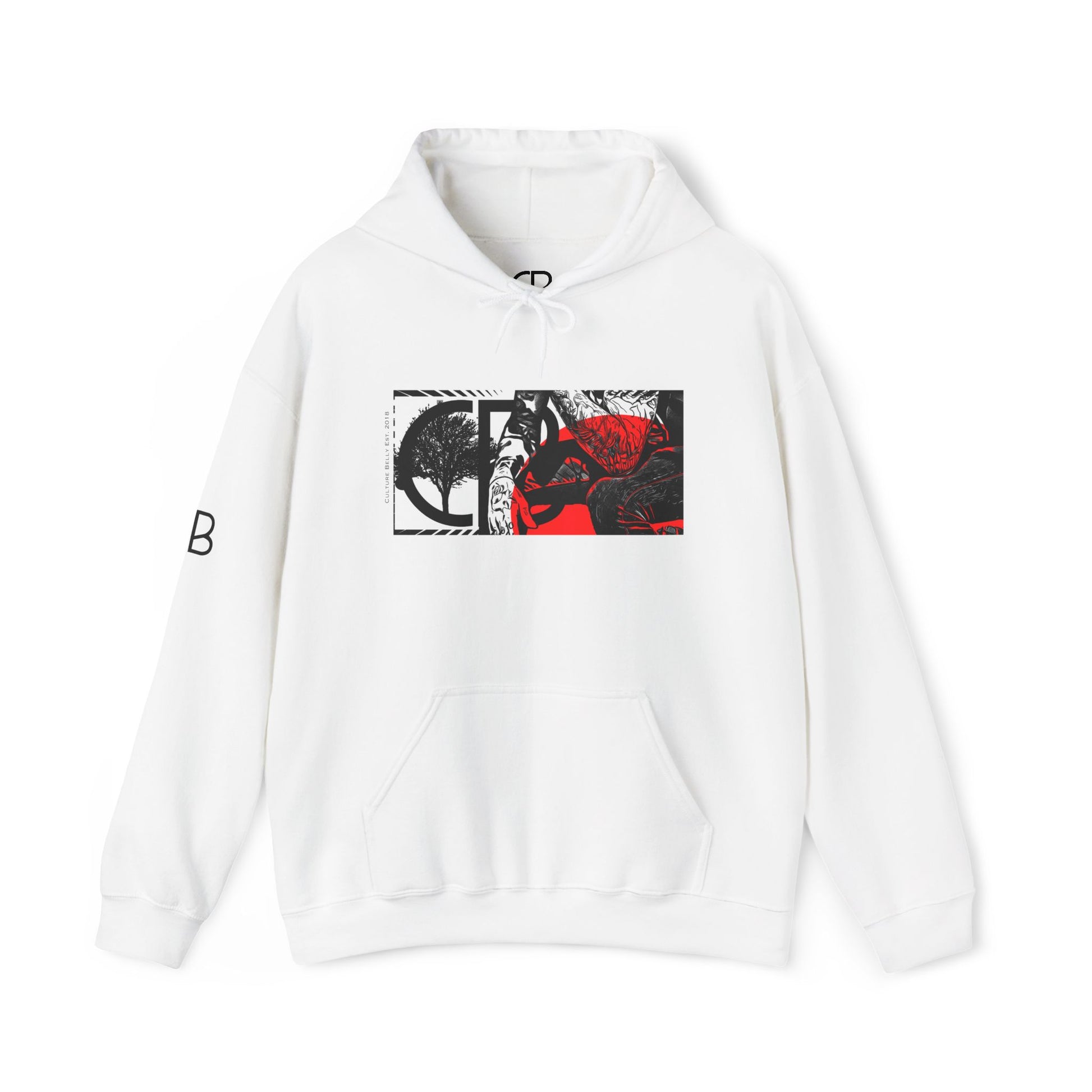 White Reflections pullover hoodie featuring a bold black, white, and red collage graphic on the front with matching Culture Belly sleeve branding.