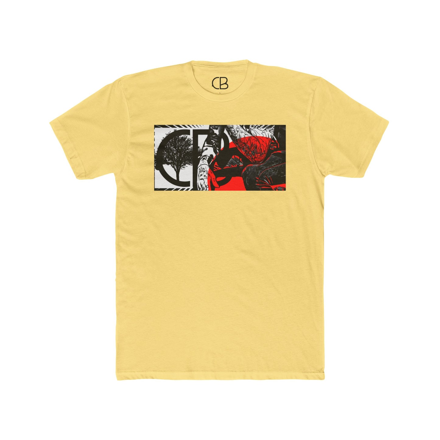 Solid Banana Cream Reflections T-shirt featuring an abstract collage of a tree, figure, and bold red and black artistic elements on the front.