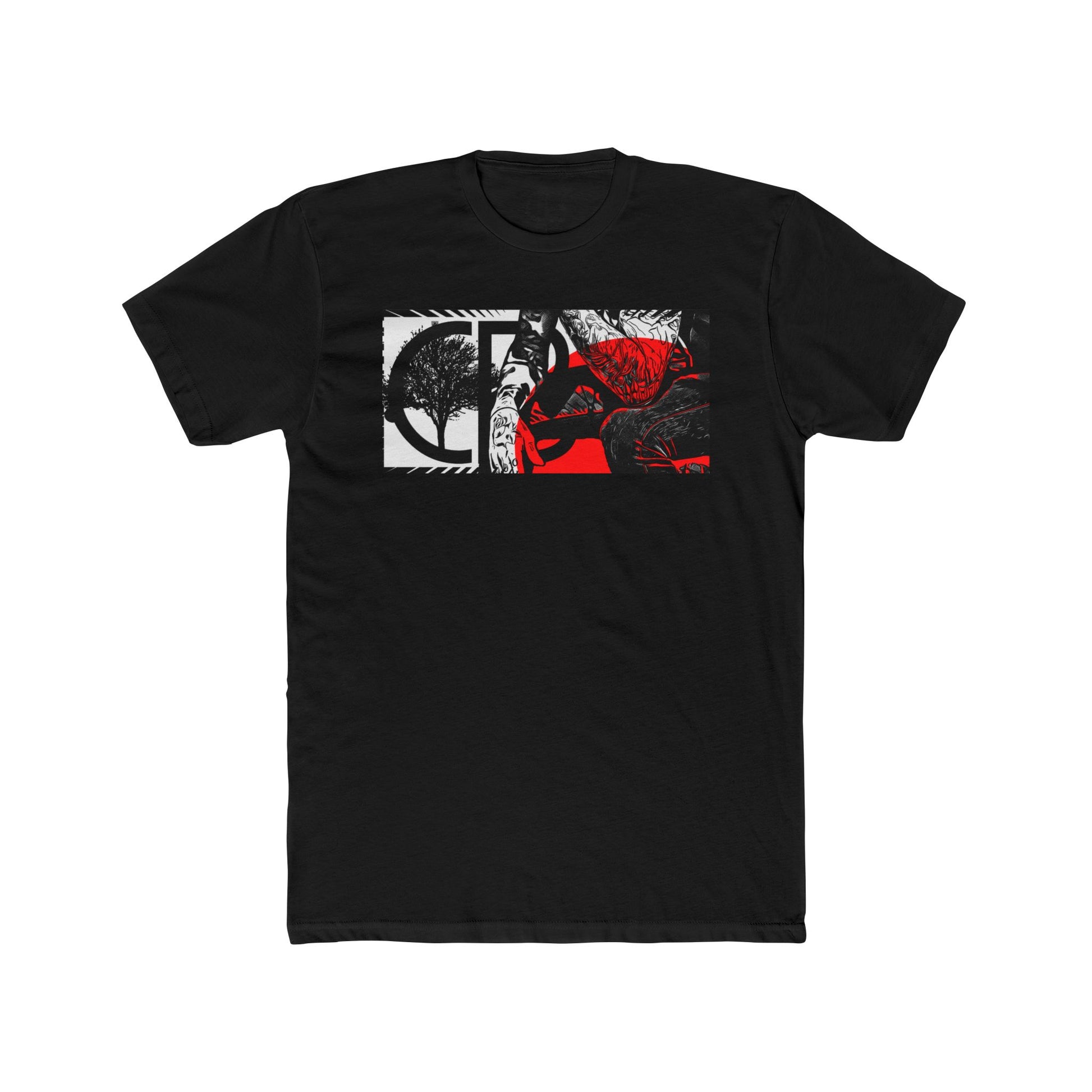 Solid Black Reflections T-shirt featuring an abstract collage of a tree, figure, and bold red and black artistic elements on the front.