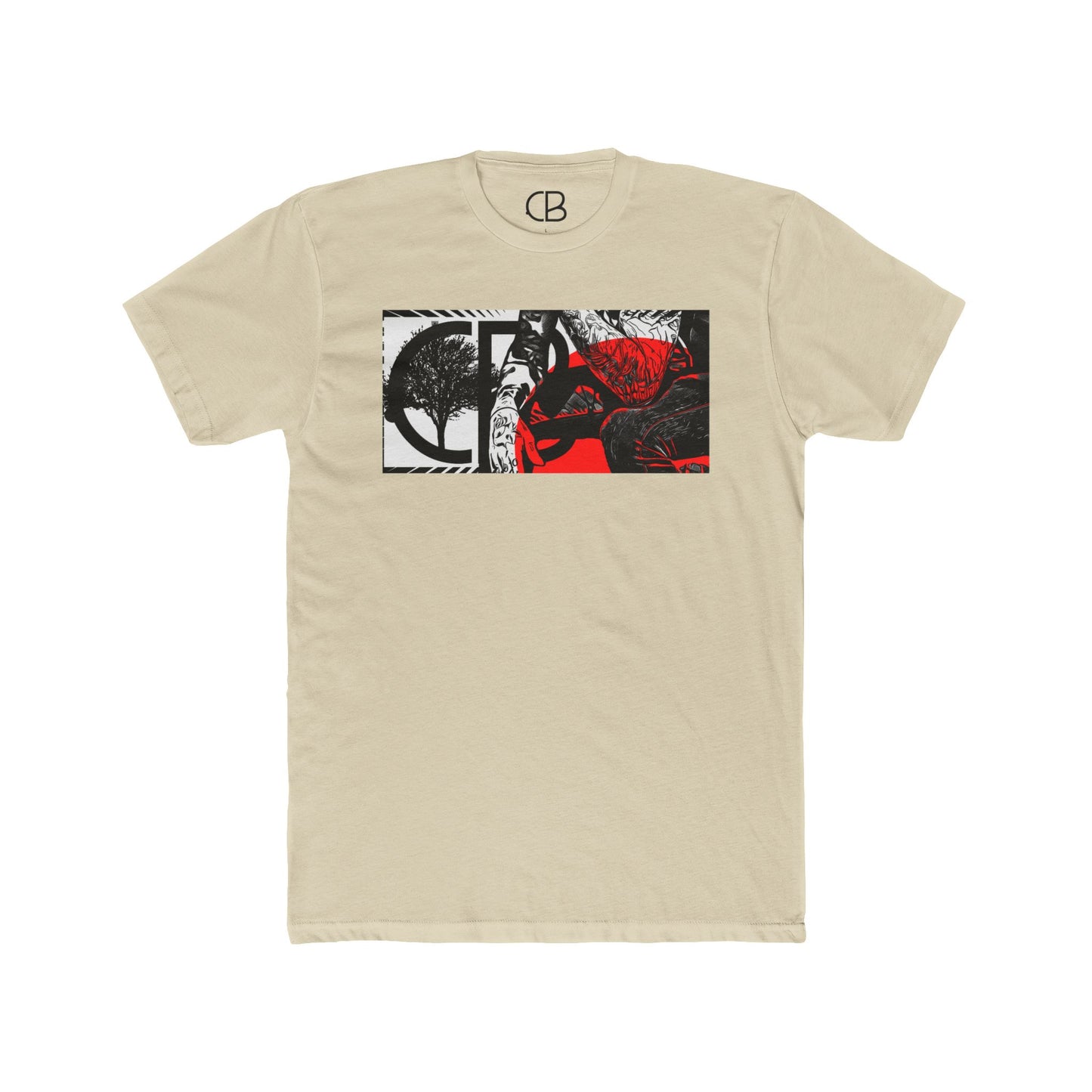 Solid Cream Reflections T-shirt featuring an abstract collage of a tree, figure, and bold red and black artistic elements on the front.