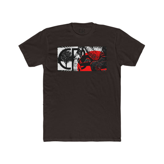 Solid Dark Chocolate Reflections T-shirt featuring an abstract collage of a tree, figure, and bold red and black artistic elements on the front.