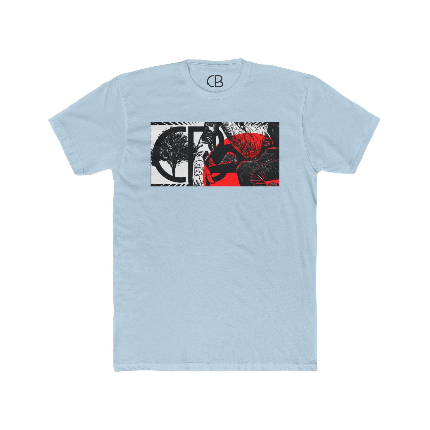 Solid Light Blue Reflections T-shirt featuring an abstract collage of a tree, figure, and bold red and black artistic elements on the front.