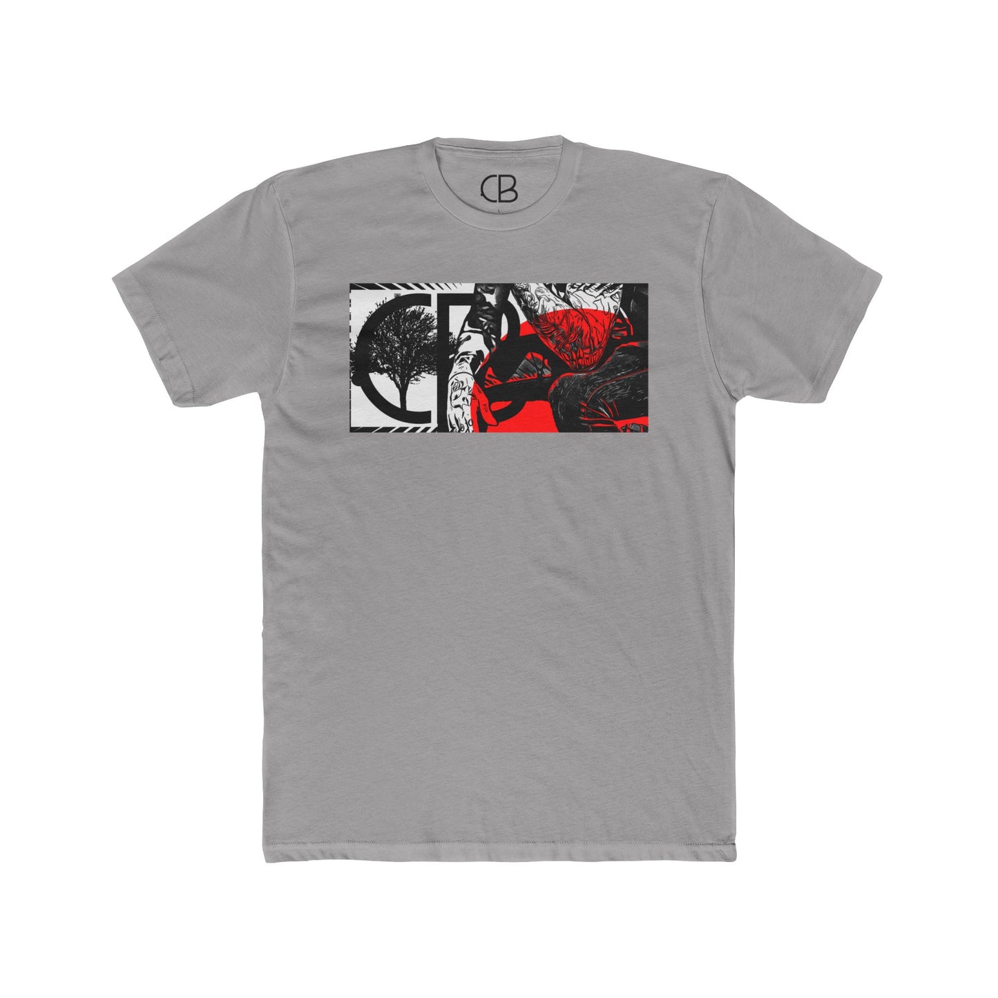 Solid Light Grey Reflections T-shirt featuring an abstract collage of a tree, figure, and bold red and black artistic elements on the front.