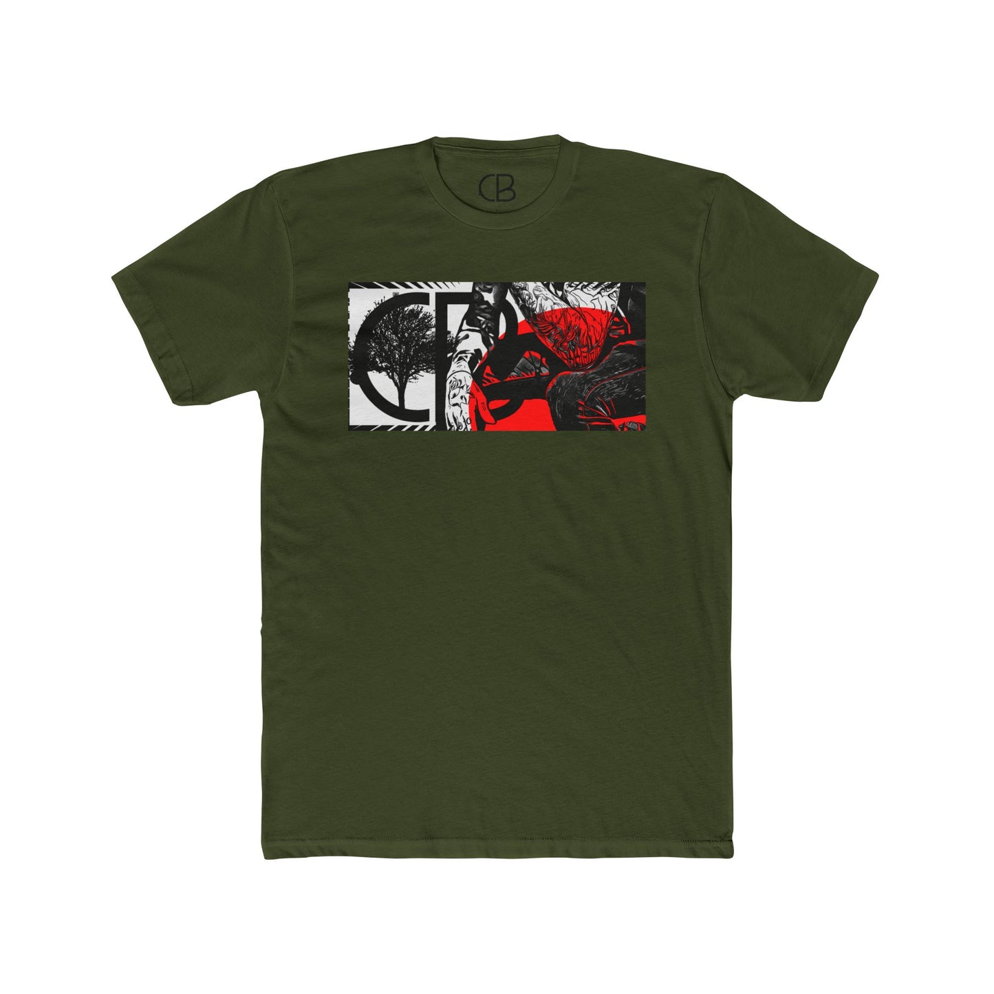 Solid Military Green Reflections T-shirt featuring an abstract collage of a tree, figure, and bold red and black artistic elements on the front.