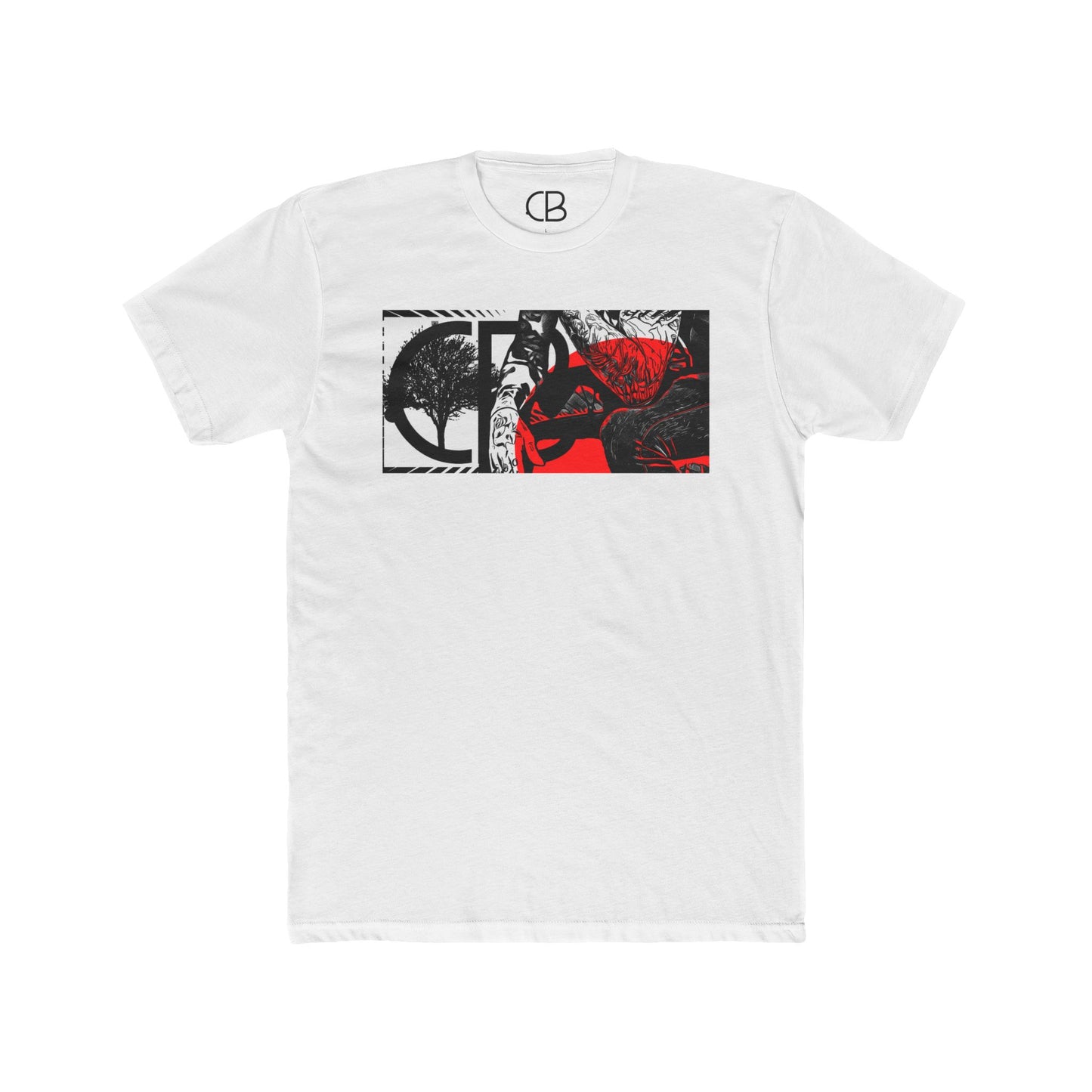 Solid White Reflections T-shirt featuring an abstract collage of a tree, figure, and bold red and black artistic elements on the front.