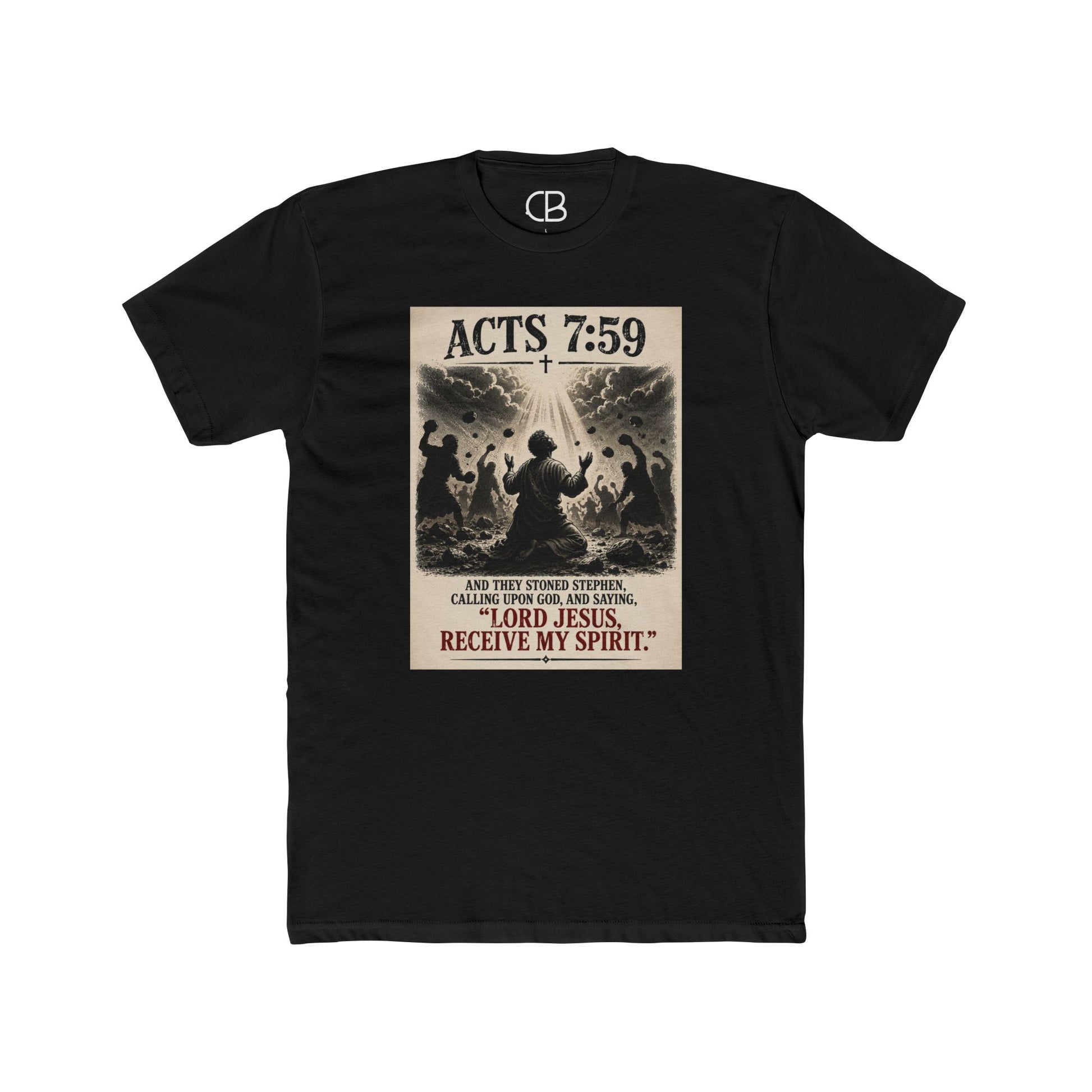 Solid Black Christian T-shirt featuring the Stephen Calling Upon God design inspired by Acts 7:59 by Culture Belly.