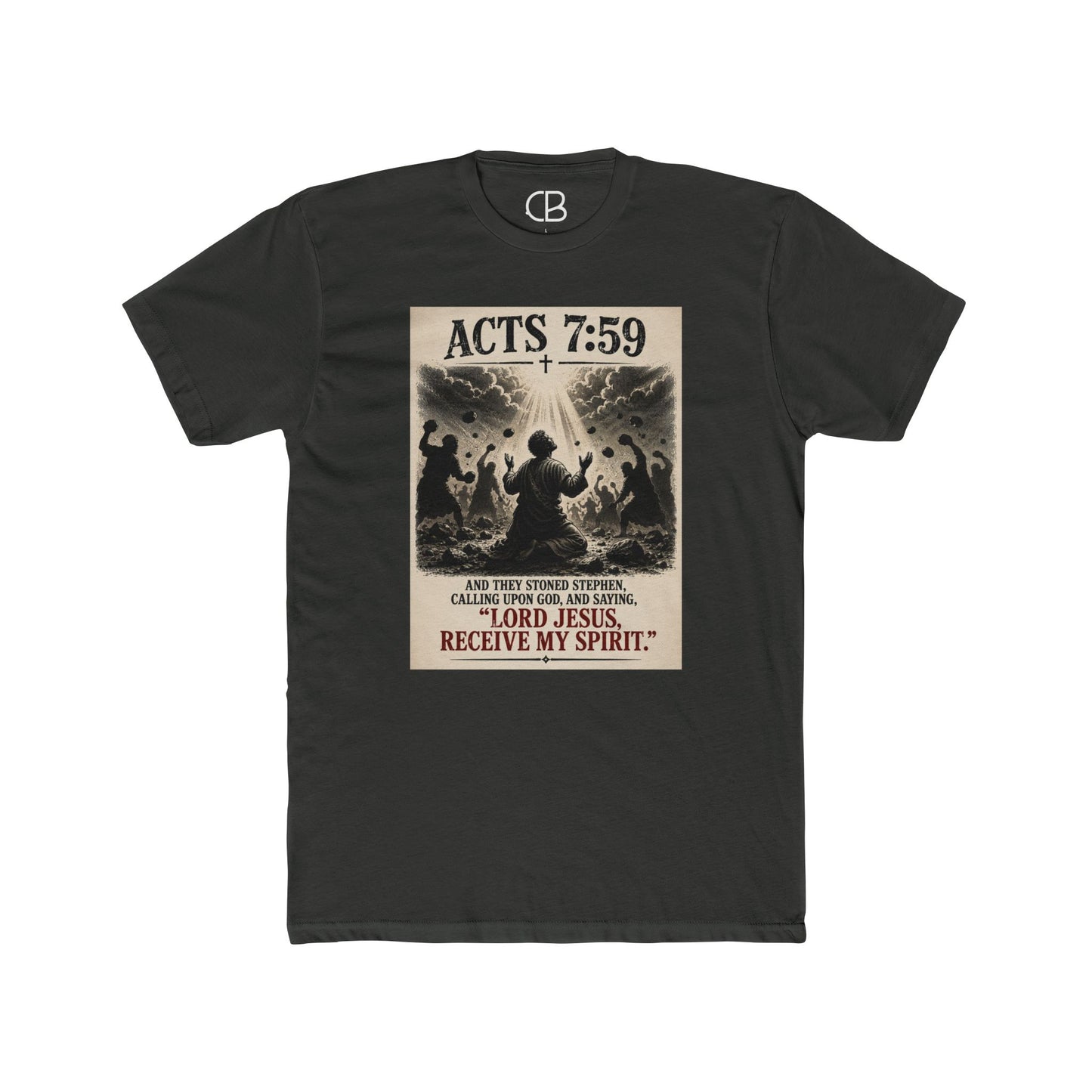 Solid Heavy Metal Christian T-shirt featuring the Stephen Calling Upon God design inspired by Acts 7:59 by Culture Belly.