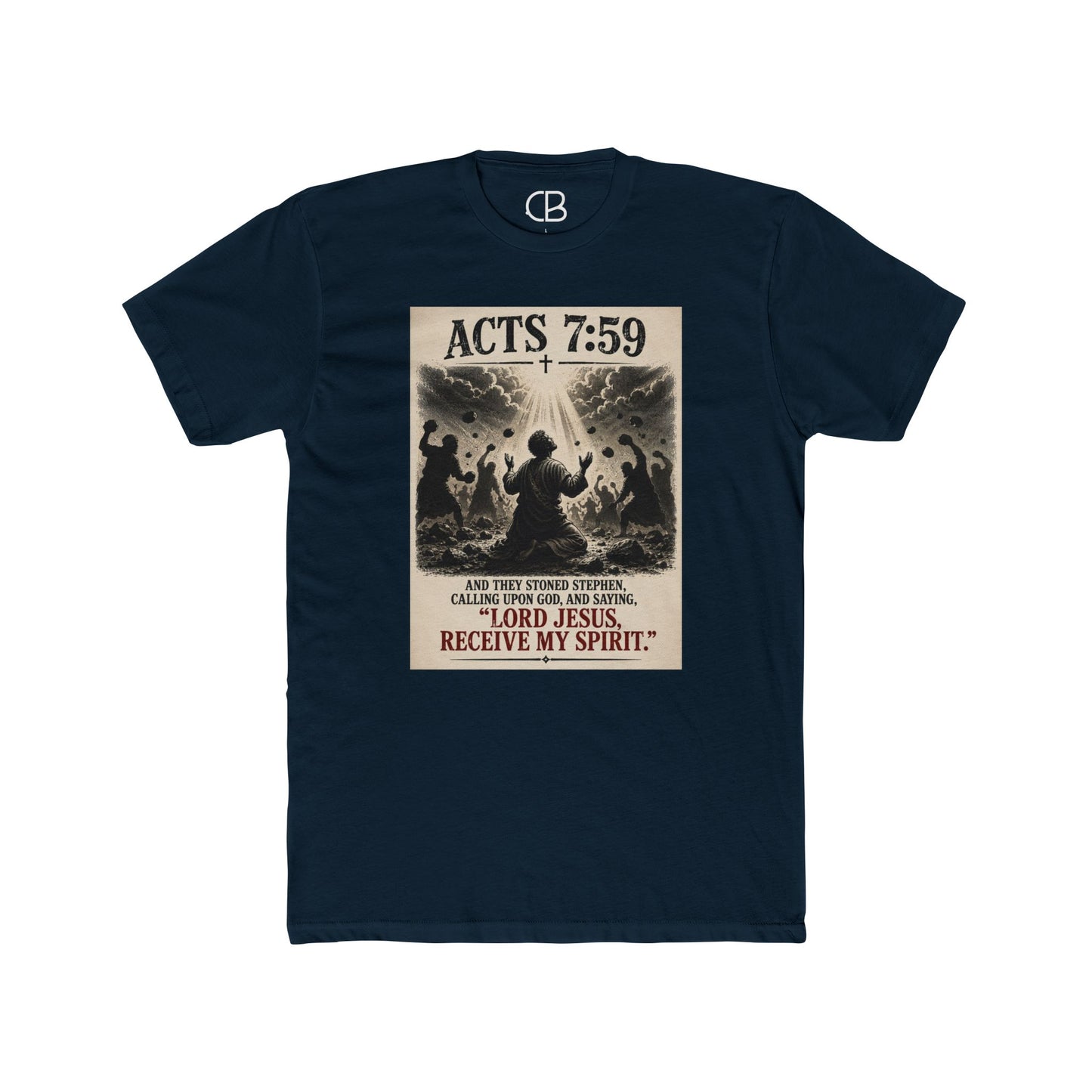 Solid Midnight Navy Christian T-shirt featuring the Stephen Calling Upon God design inspired by Acts 7:59 by Culture Belly.