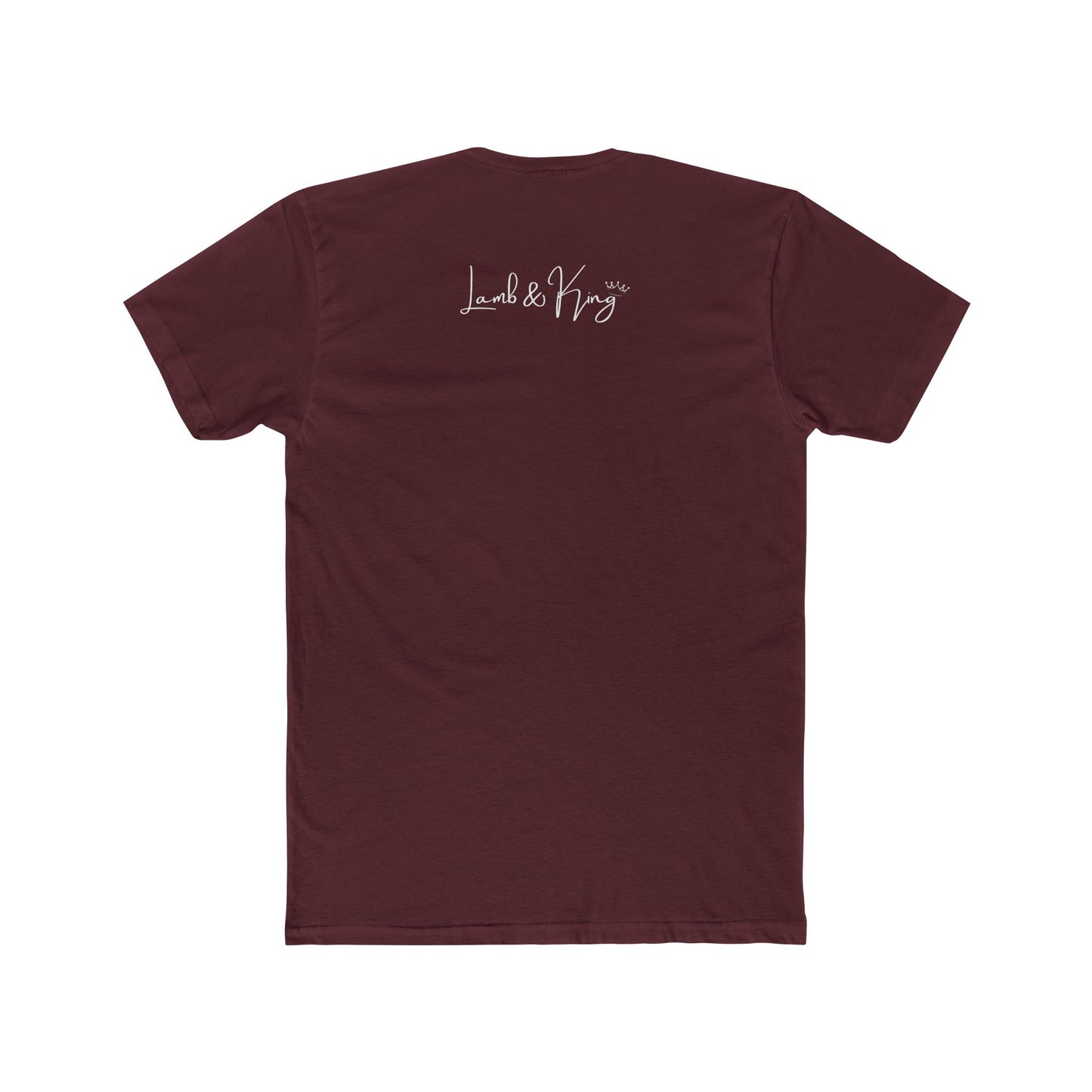 Back of maroon Christian T-shirt with the Lamb & King logo below the collar.