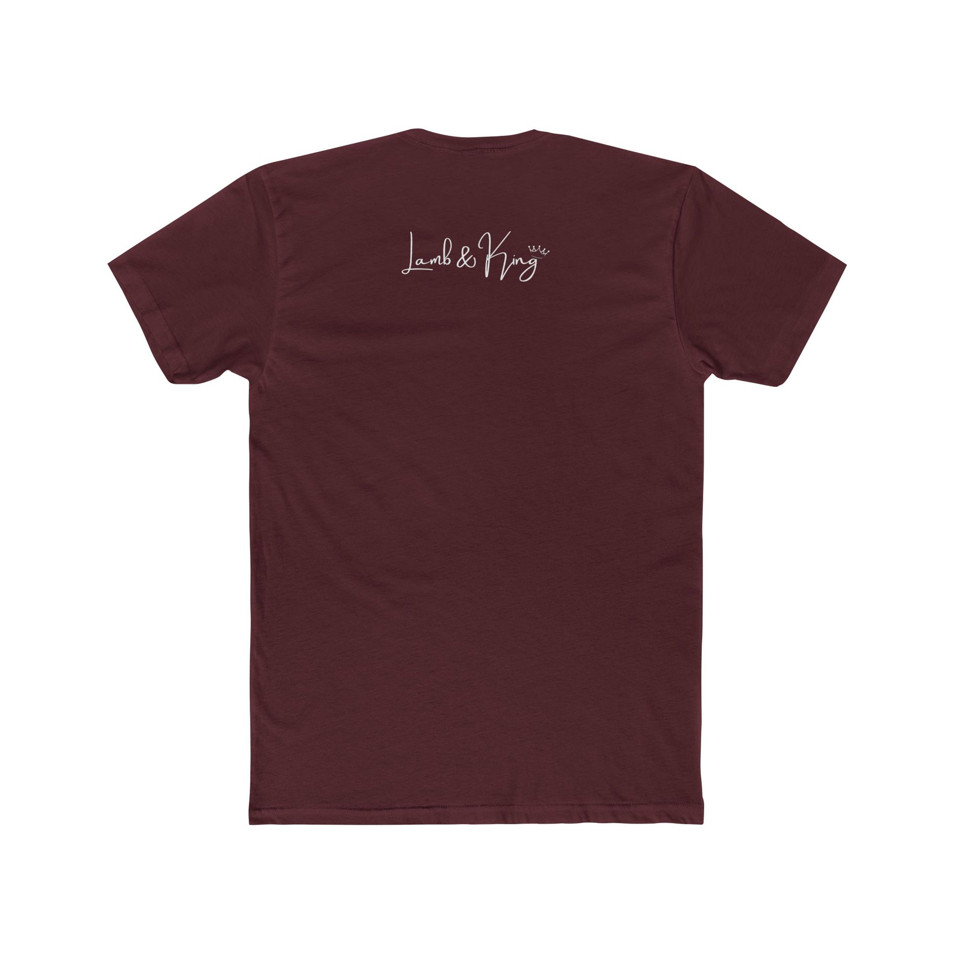 Back of maroon Christian T-shirt with the Lamb & King logo below the collar.