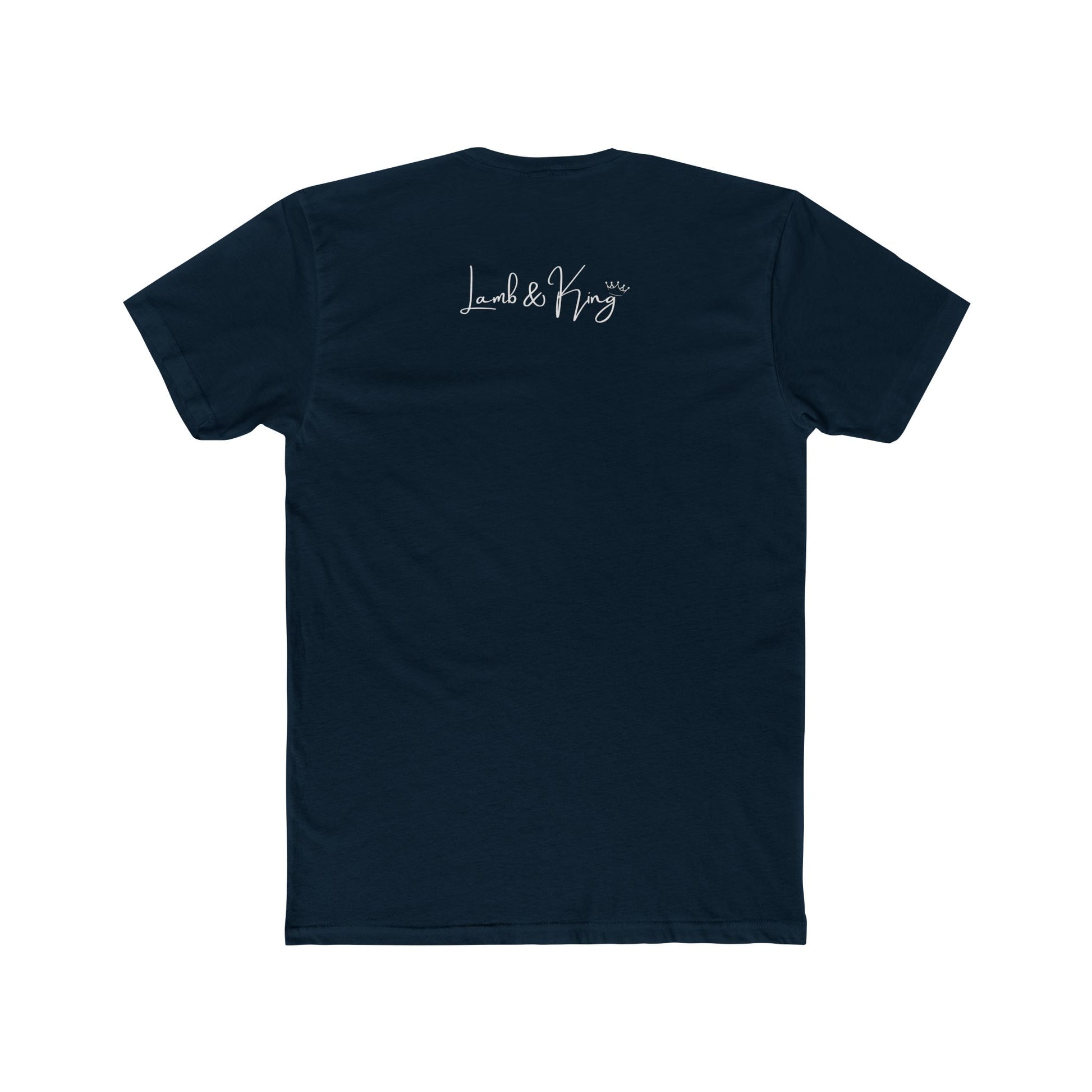 Back of midnight navy Christian T-shirt with the Lamb & King logo below the collar.