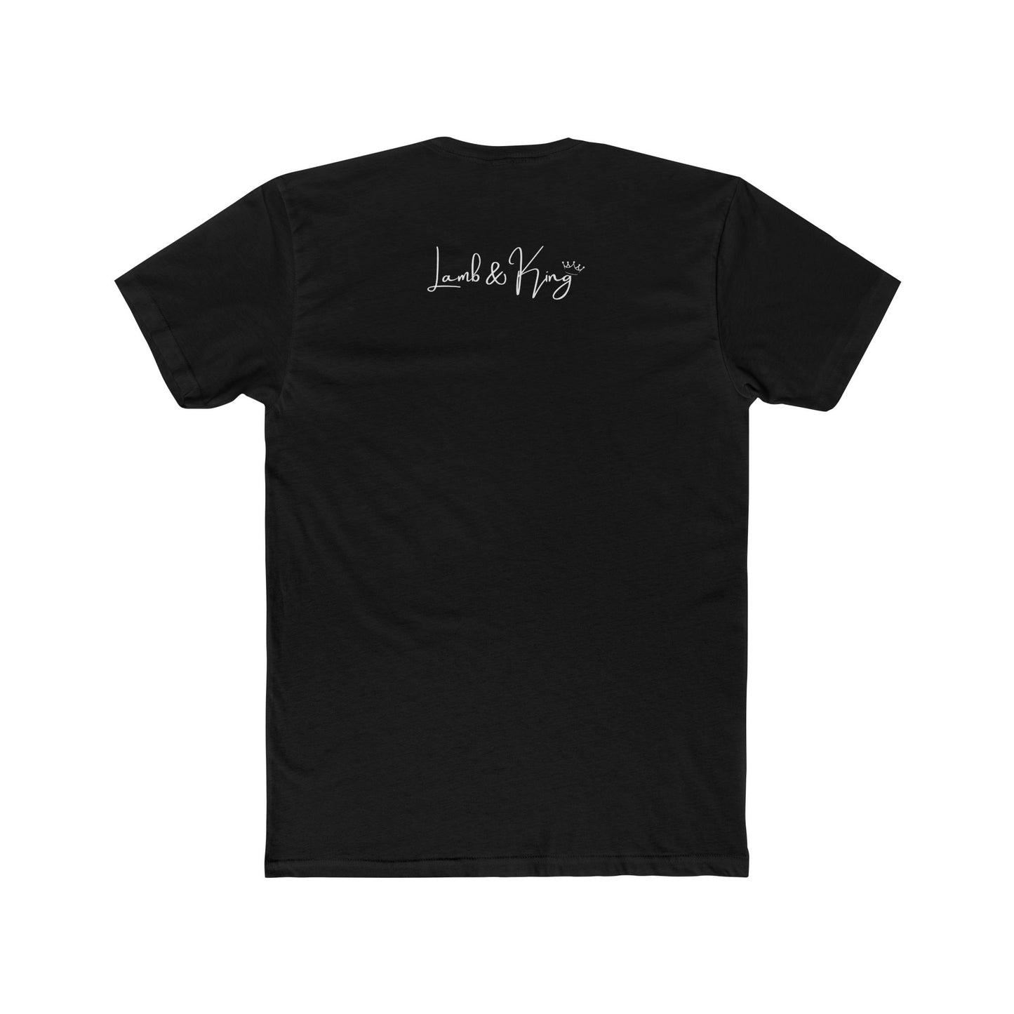 Back of Solid Black Christian T-shirt featuring the Lamb & King logo by Culture Belly.