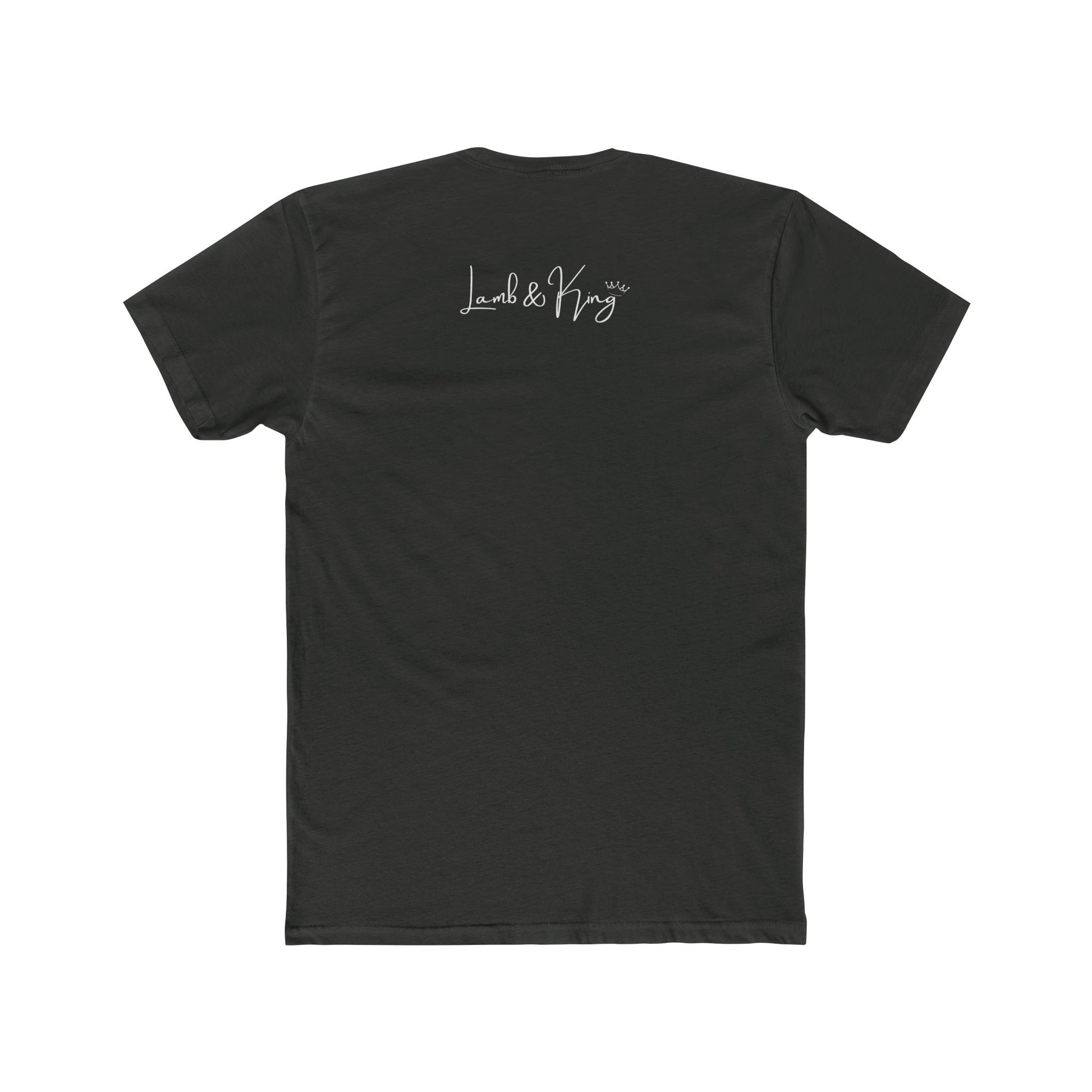 Back of black Christian T-shirt with the Lamb & King logo below the collar.