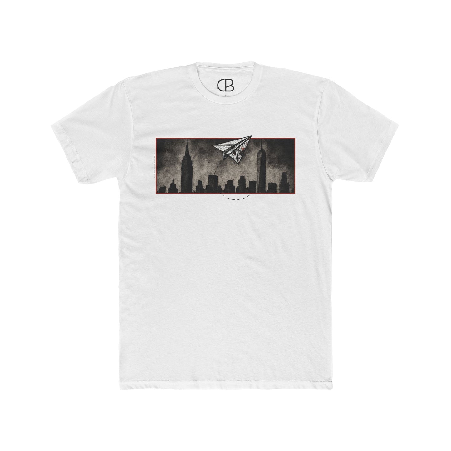 White The Paper Plane (NYC) T-shirt featuring a black New York City skyline with a flying paper airplane graphic on the front.