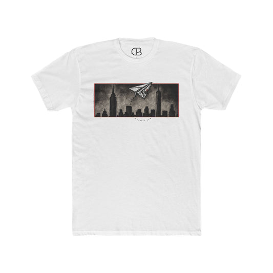 White The Paper Plane (NYC) T-shirt featuring a black New York City skyline with a flying paper airplane graphic on the front.
