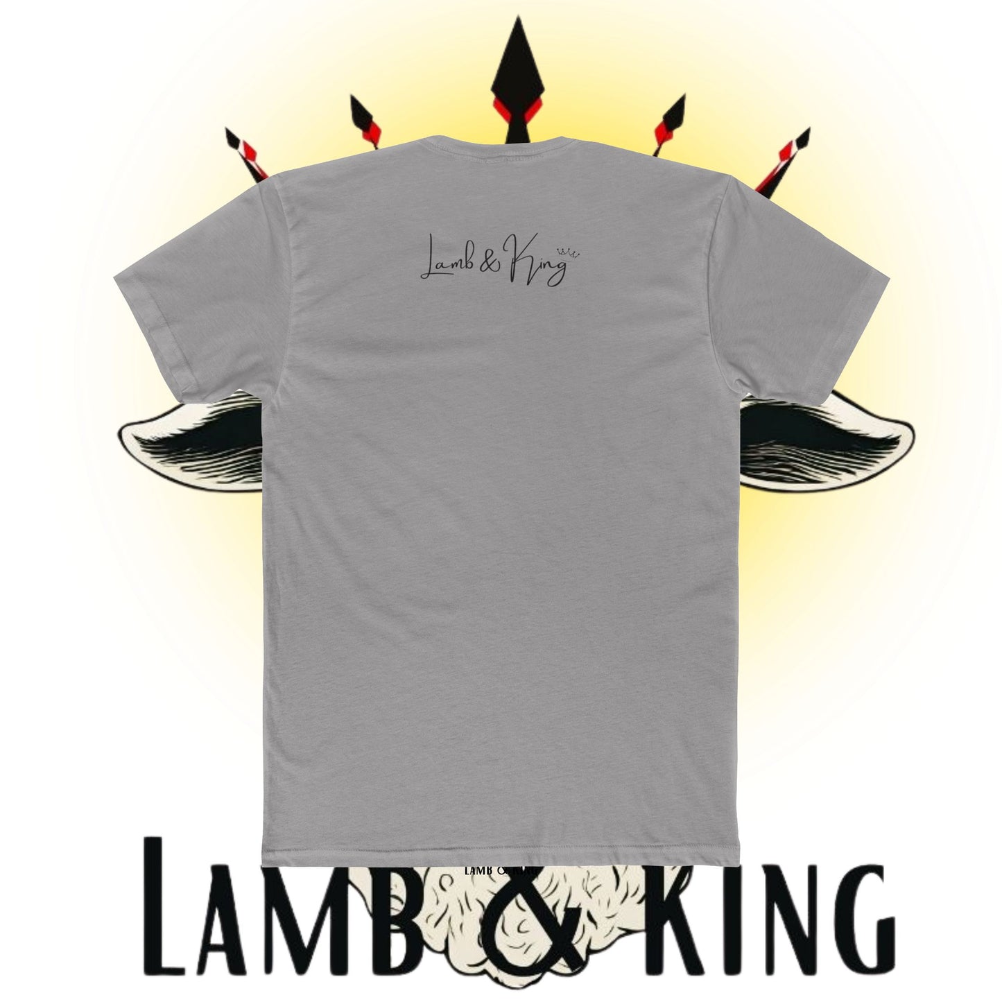 Back of dark gray Christian T-shirt featuring the Lamb & King logo centered below the collar.