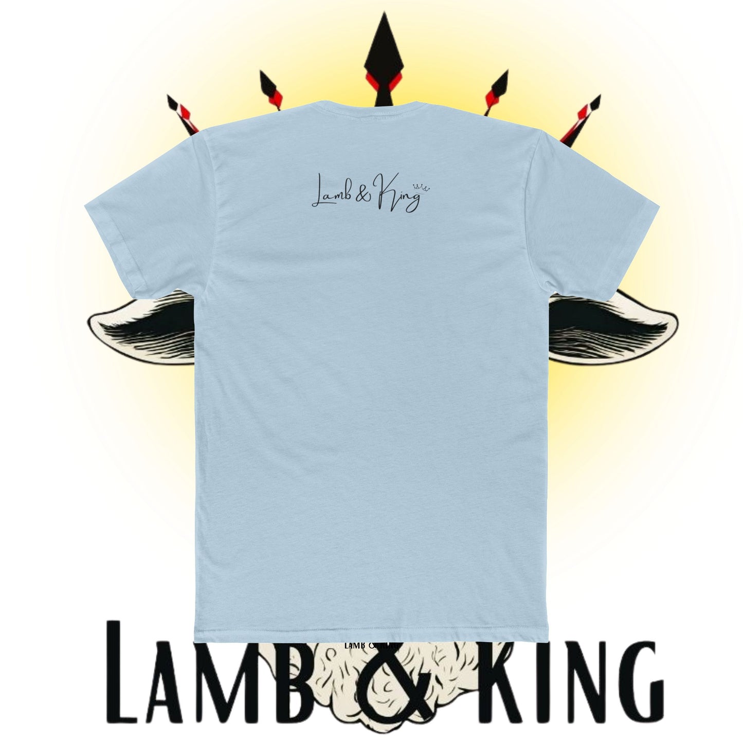 Back of light blue Christian T-shirt featuring the Lamb & King logo centered below the collar.