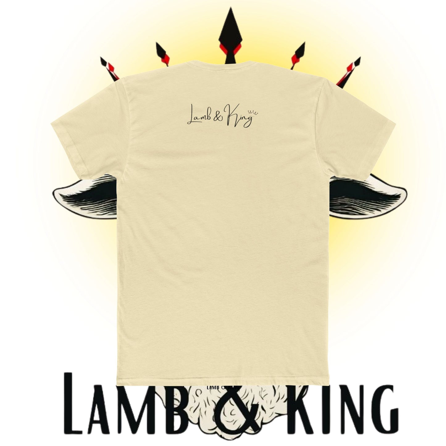 Back of natural beige Christian T-shirt featuring the Lamb & King logo centered below the collar.