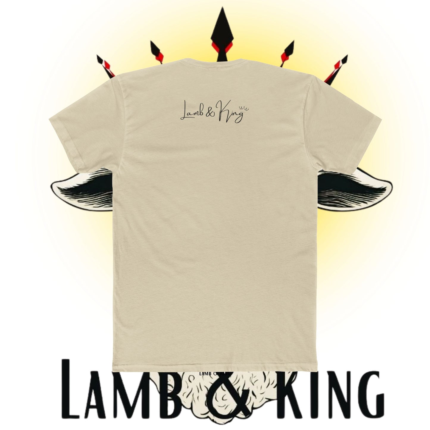 Back of solid cream  Christian T-shirt featuring the Lamb & King logo centered below the collar.