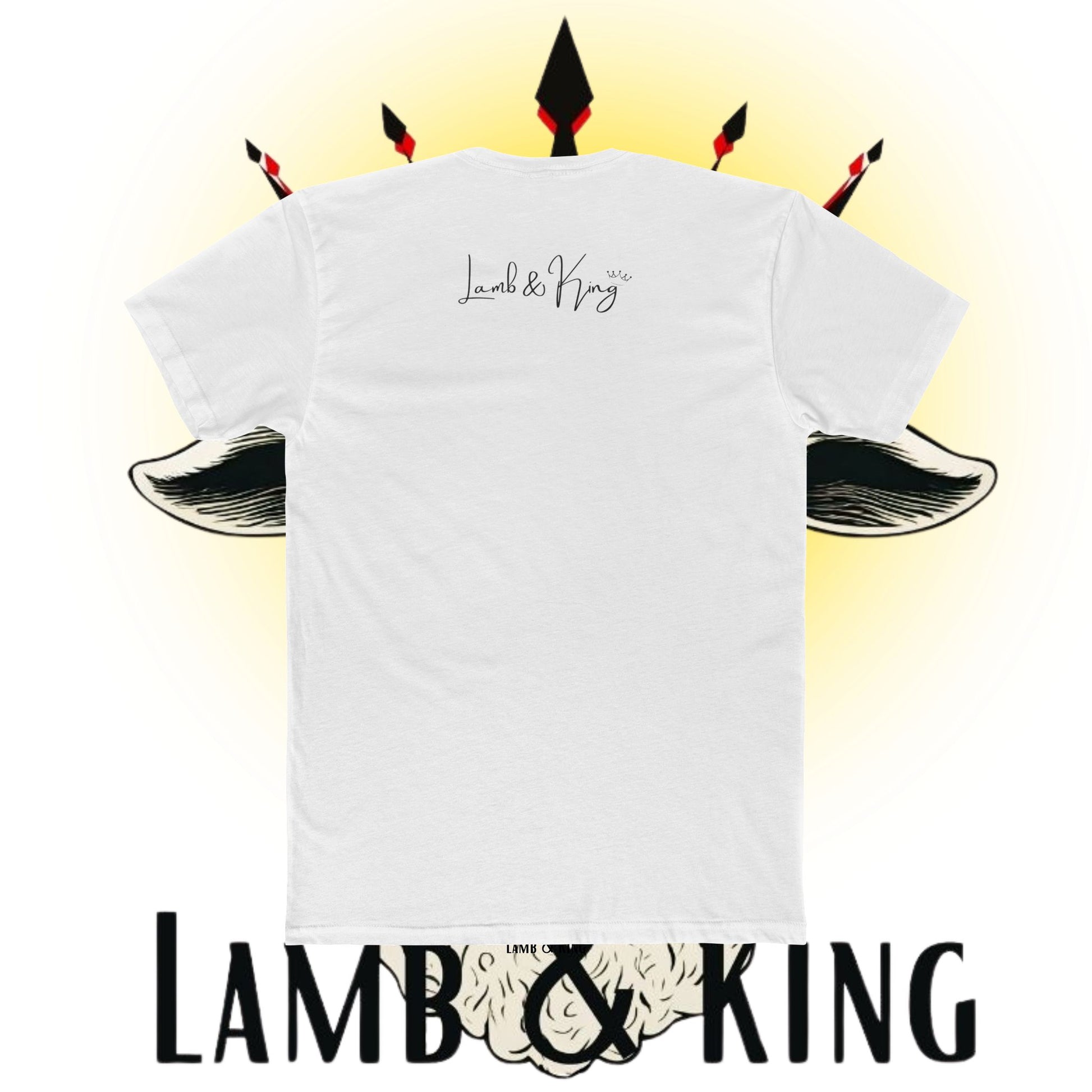 Back of white Christian T-shirt featuring the Lamb & King logo centered below the collar.