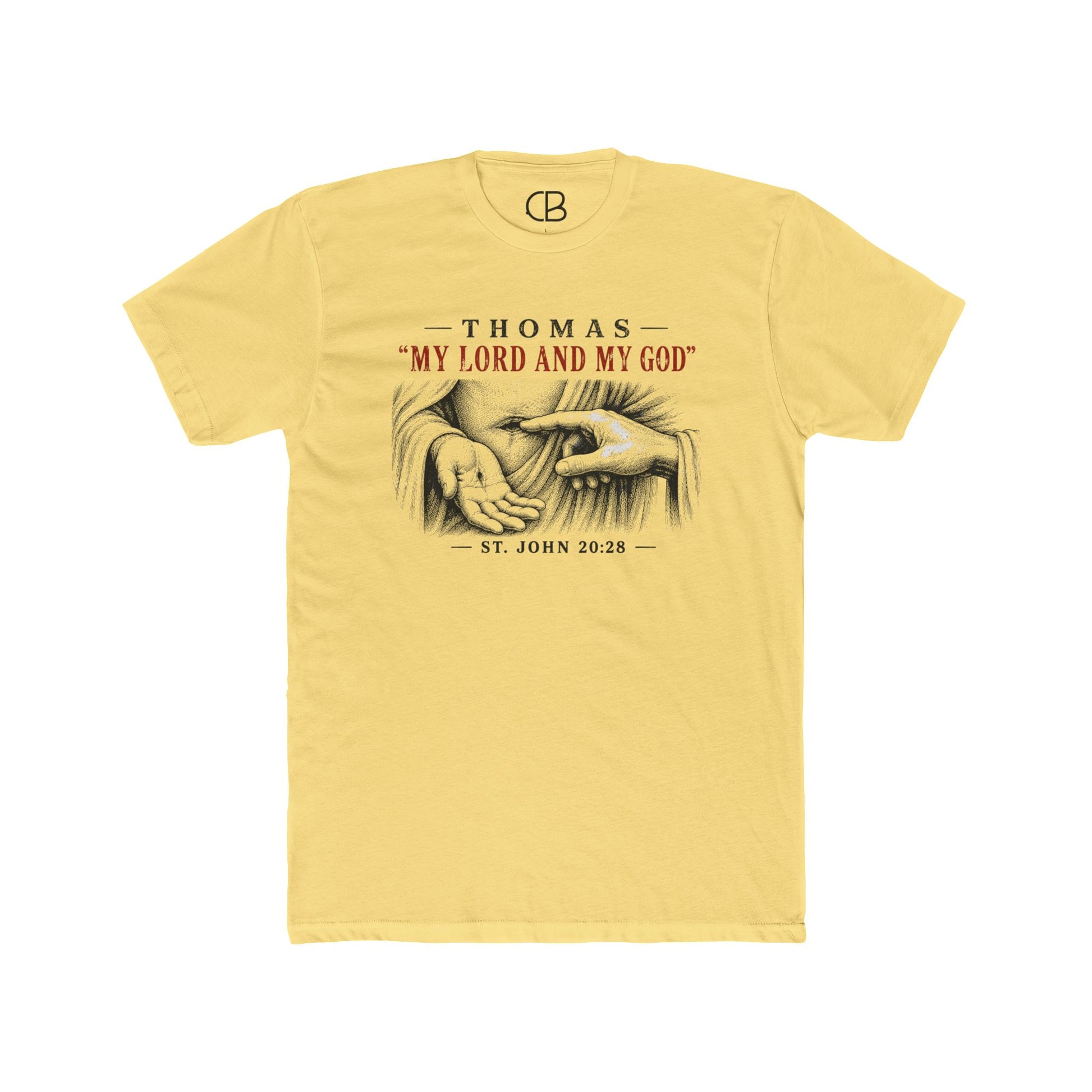 Solid banana cream Christian T-shirt featuring Thomas touching Jesus' wounds with the words "My Lord and My God" from St. John 20:28.