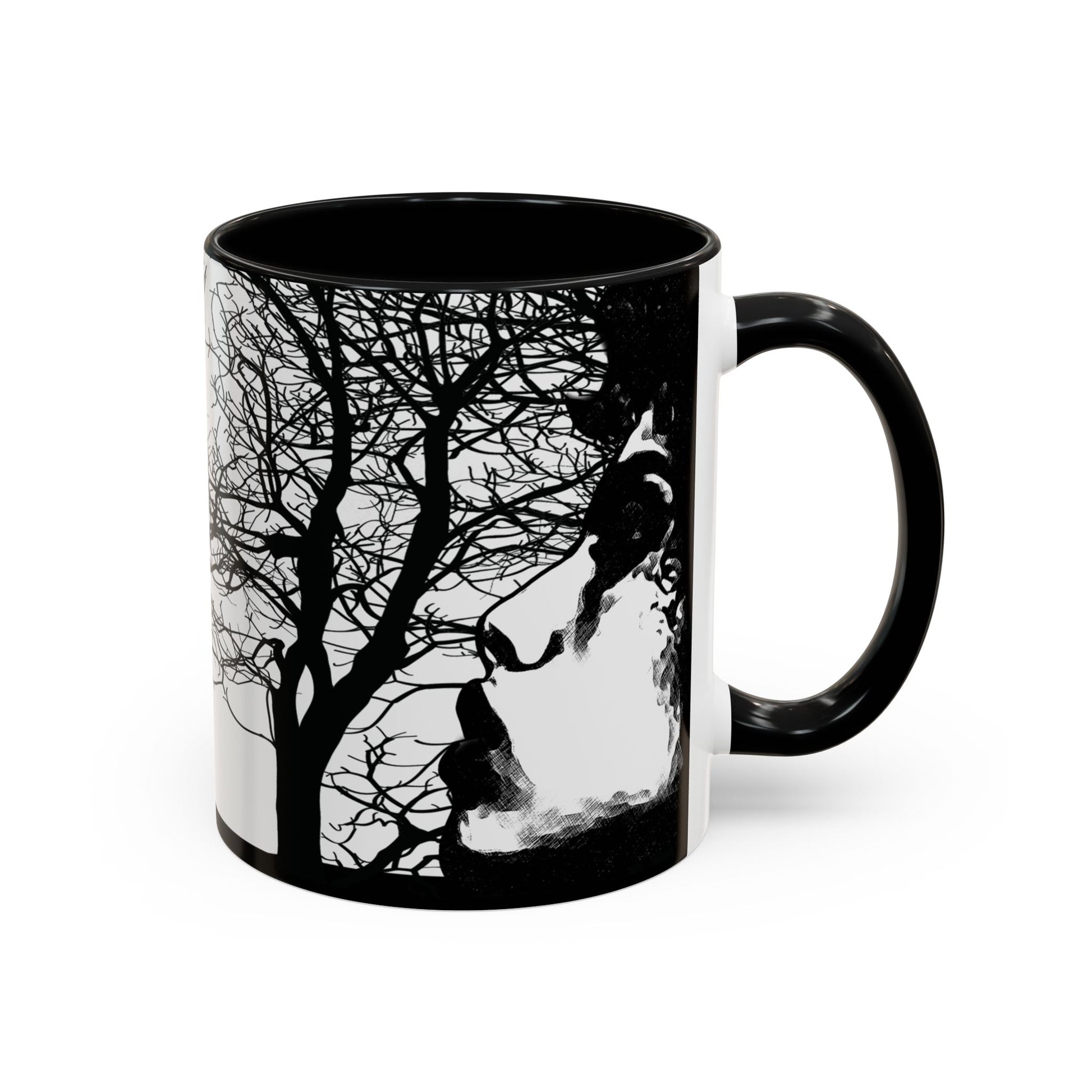 Black Through The Wilderness ceramic coffee mug featuring a black and white forest silhouette with a contemplative face illustration wrapping around the mug.