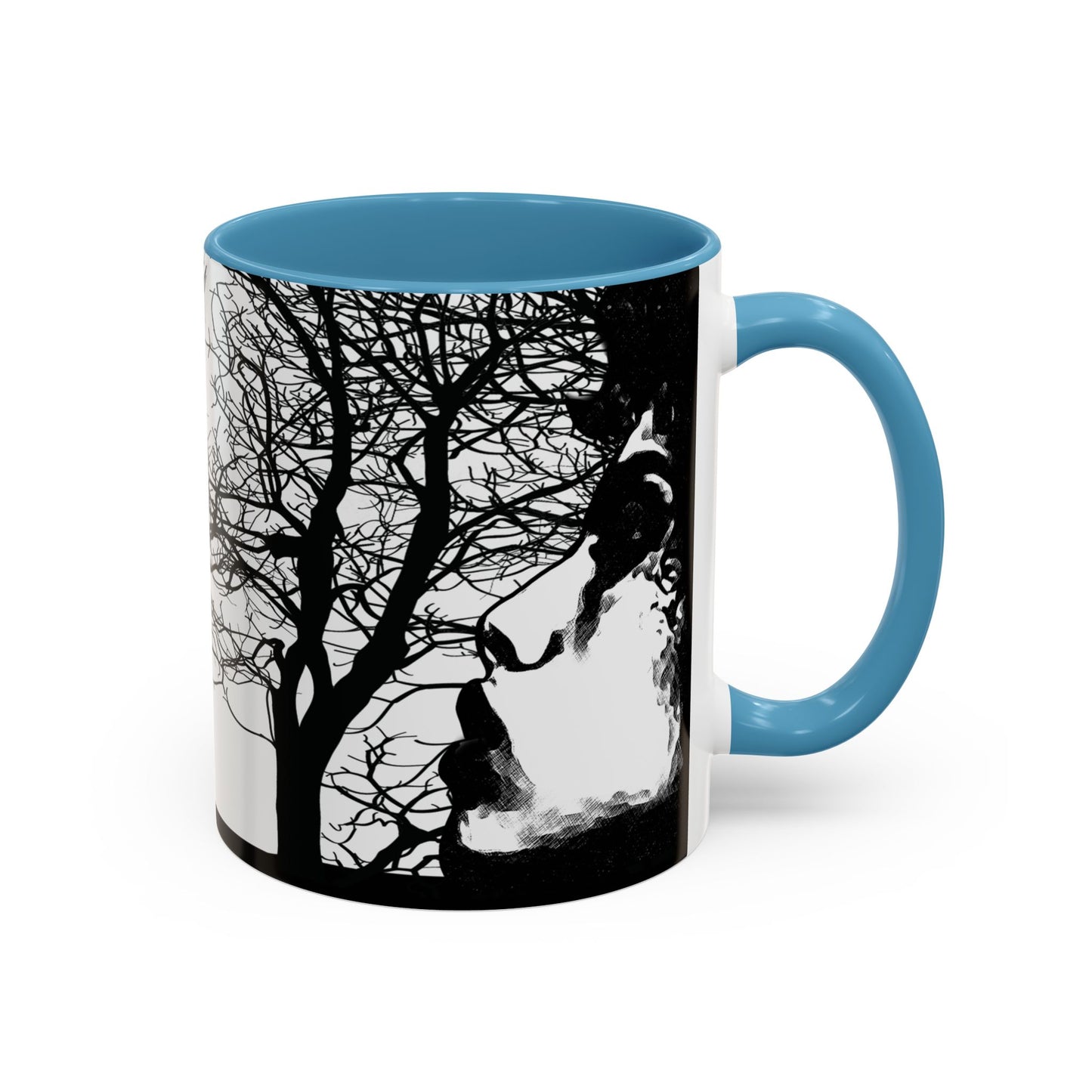 Light Blue Through The Wilderness ceramic coffee mug featuring a black and white forest silhouette with a contemplative face illustration wrapping around the mug.