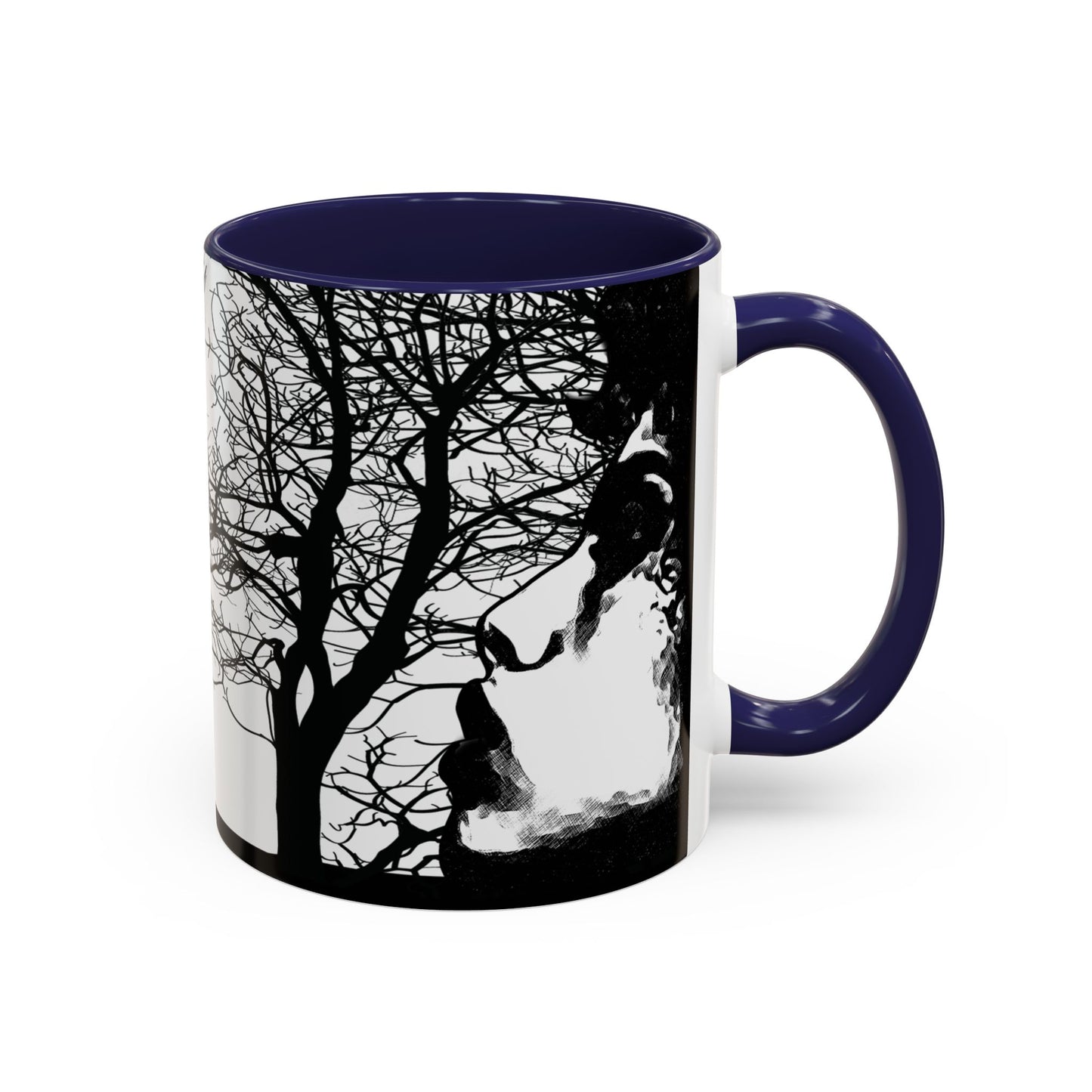 Navy Through The Wilderness ceramic coffee mug featuring a black and white forest silhouette with a contemplative face illustration wrapping around the mug.