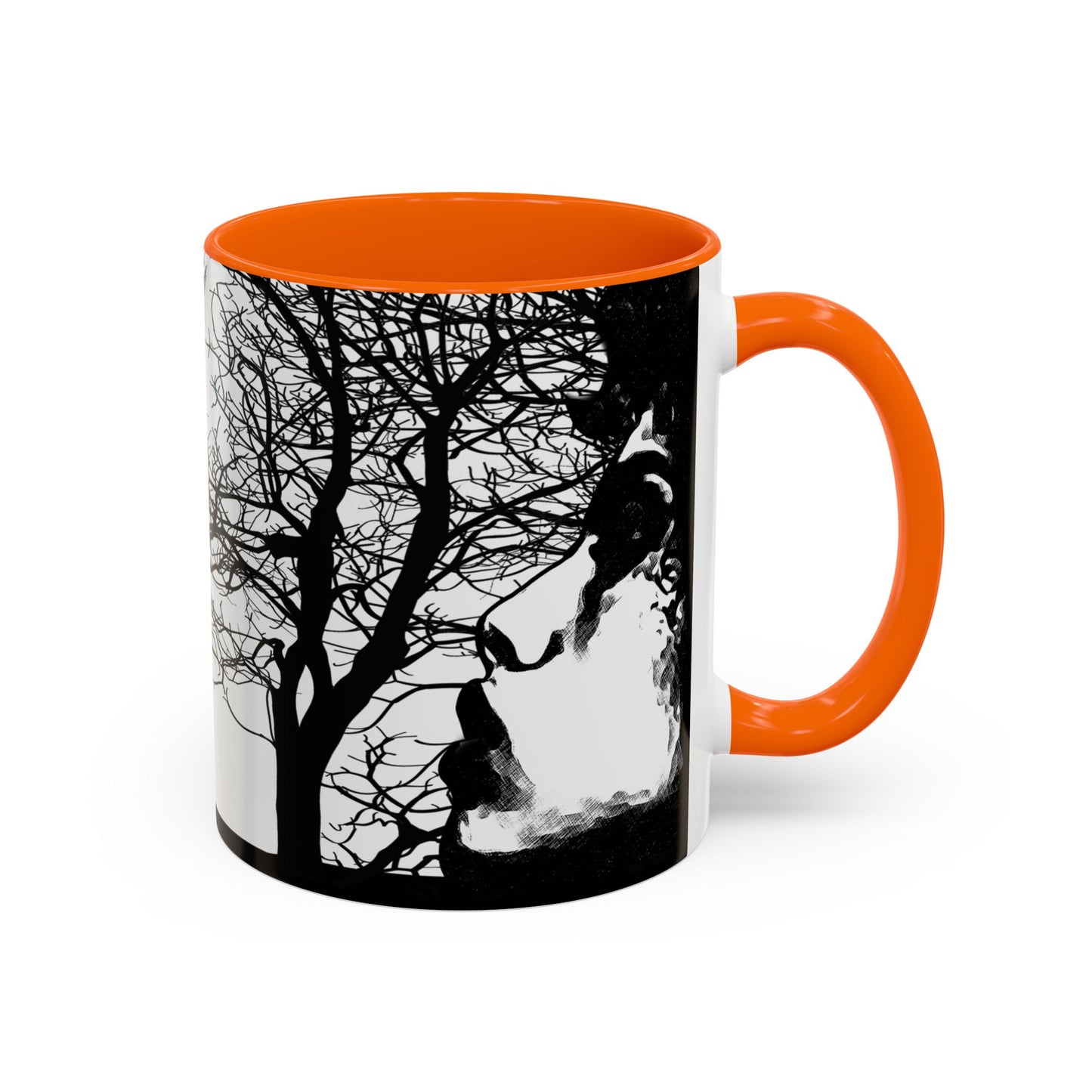 Orange Through The Wilderness ceramic coffee mug featuring a black and white forest silhouette with a contemplative face illustration wrapping around the mug.