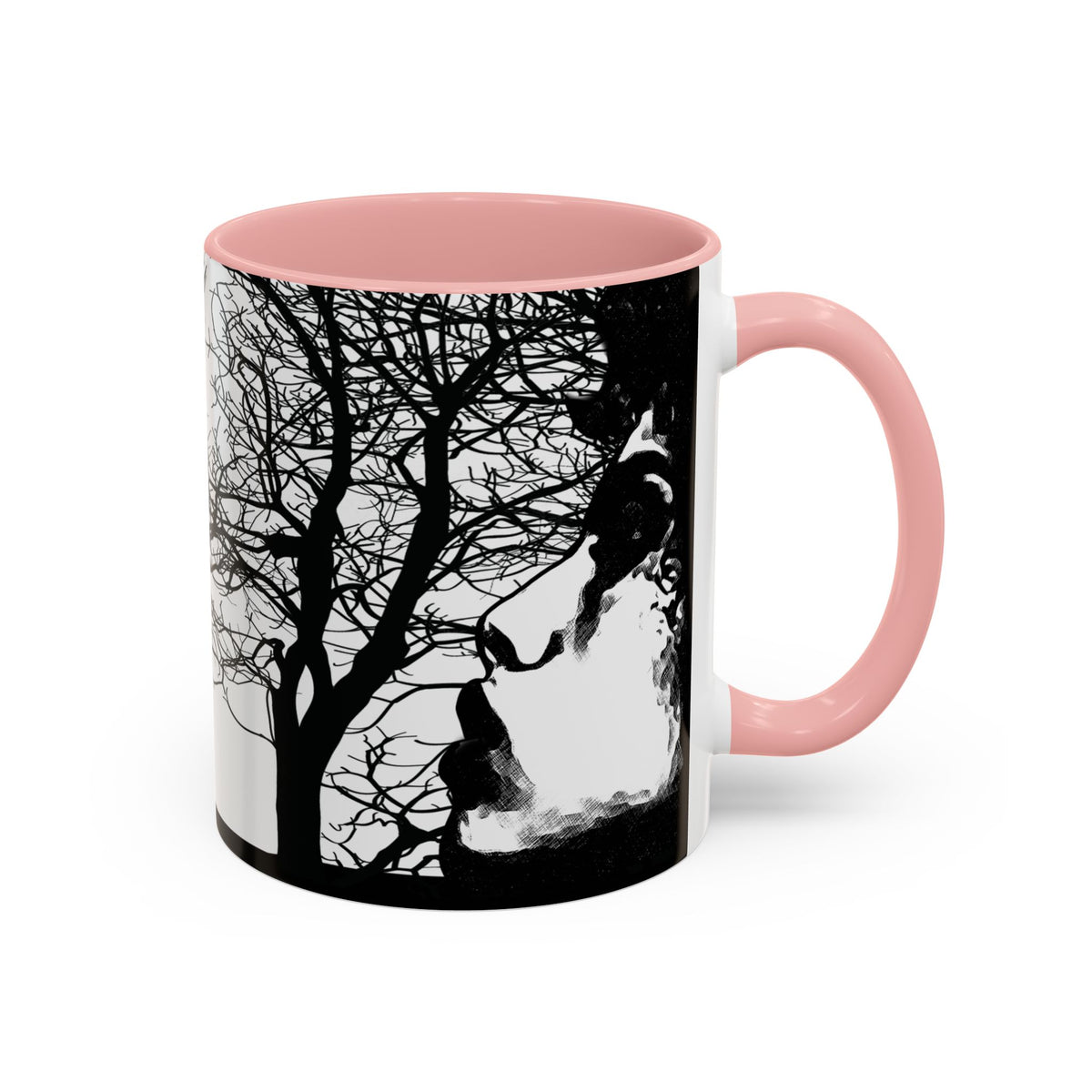 Pink Through The Wilderness ceramic coffee mug featuring a black and white forest silhouette with a contemplative face illustration wrapping around the mug.