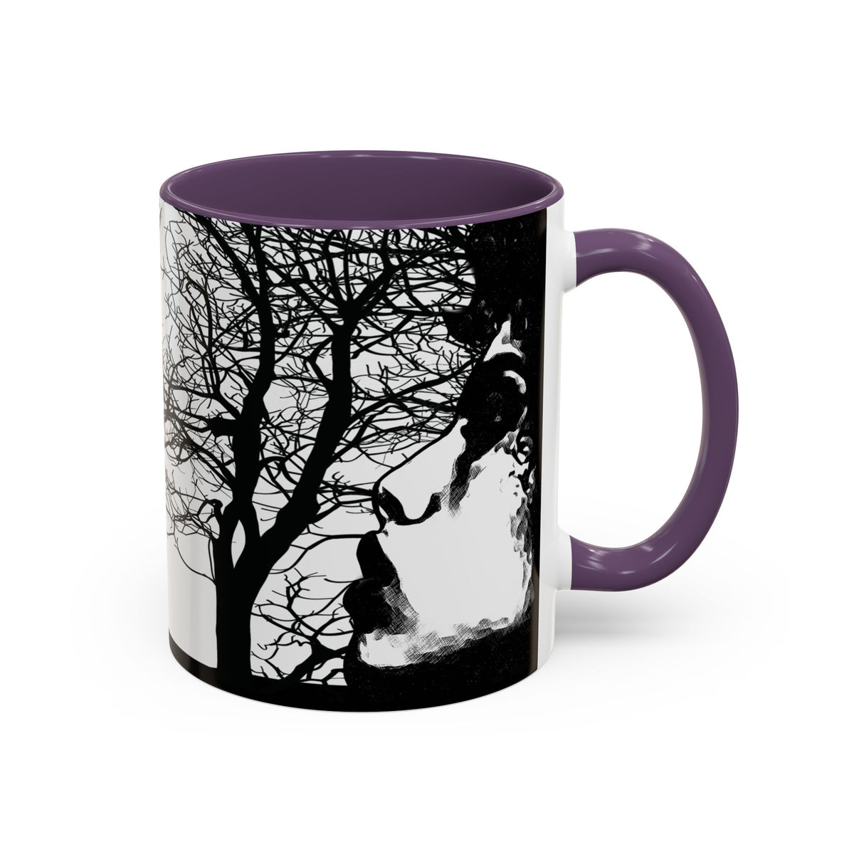 Purple Through The Wilderness ceramic coffee mug featuring a black and white forest silhouette with a contemplative face illustration wrapping around the mug.