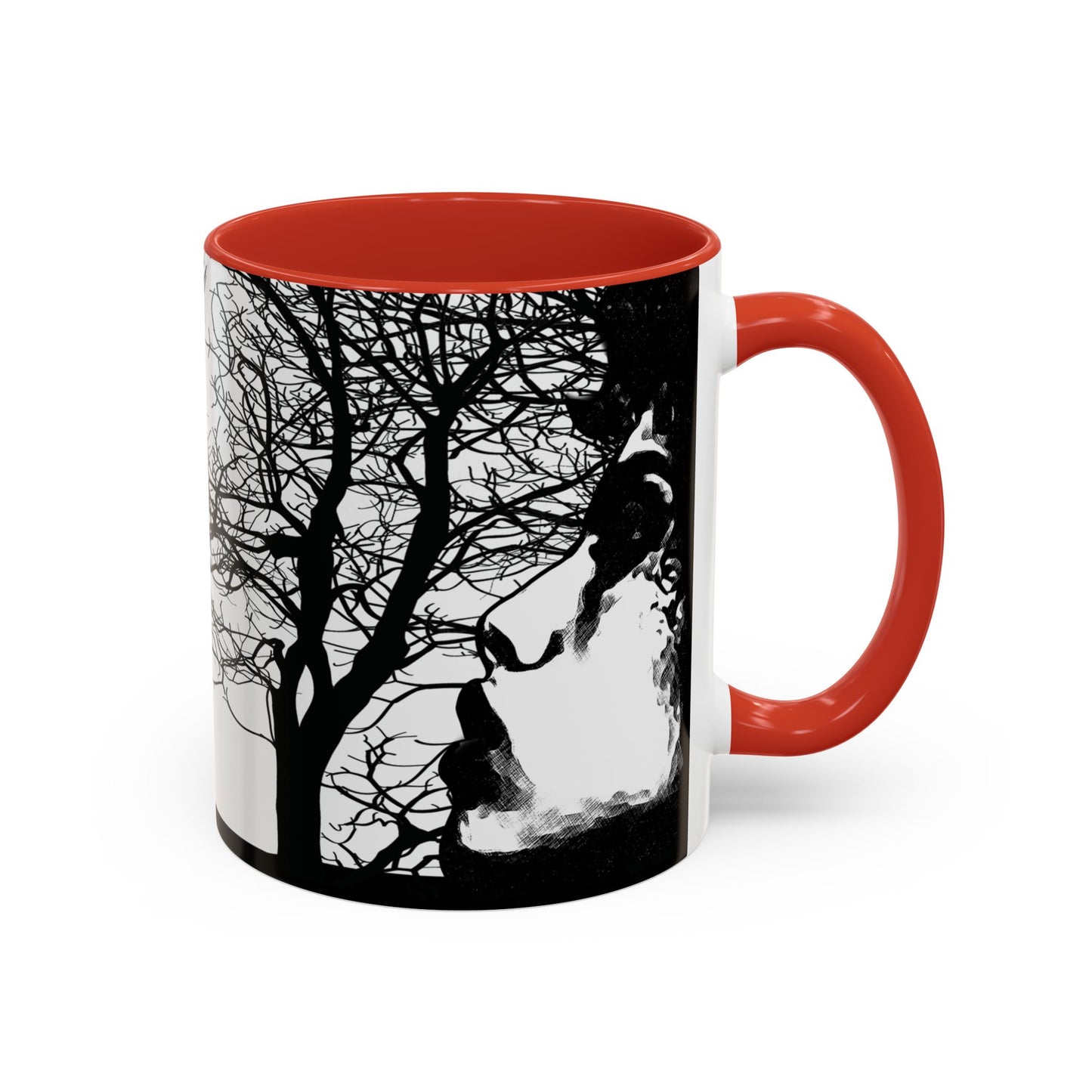 Red Through The Wilderness ceramic coffee mug featuring a black and white forest silhouette with a contemplative face illustration wrapping around the mug.