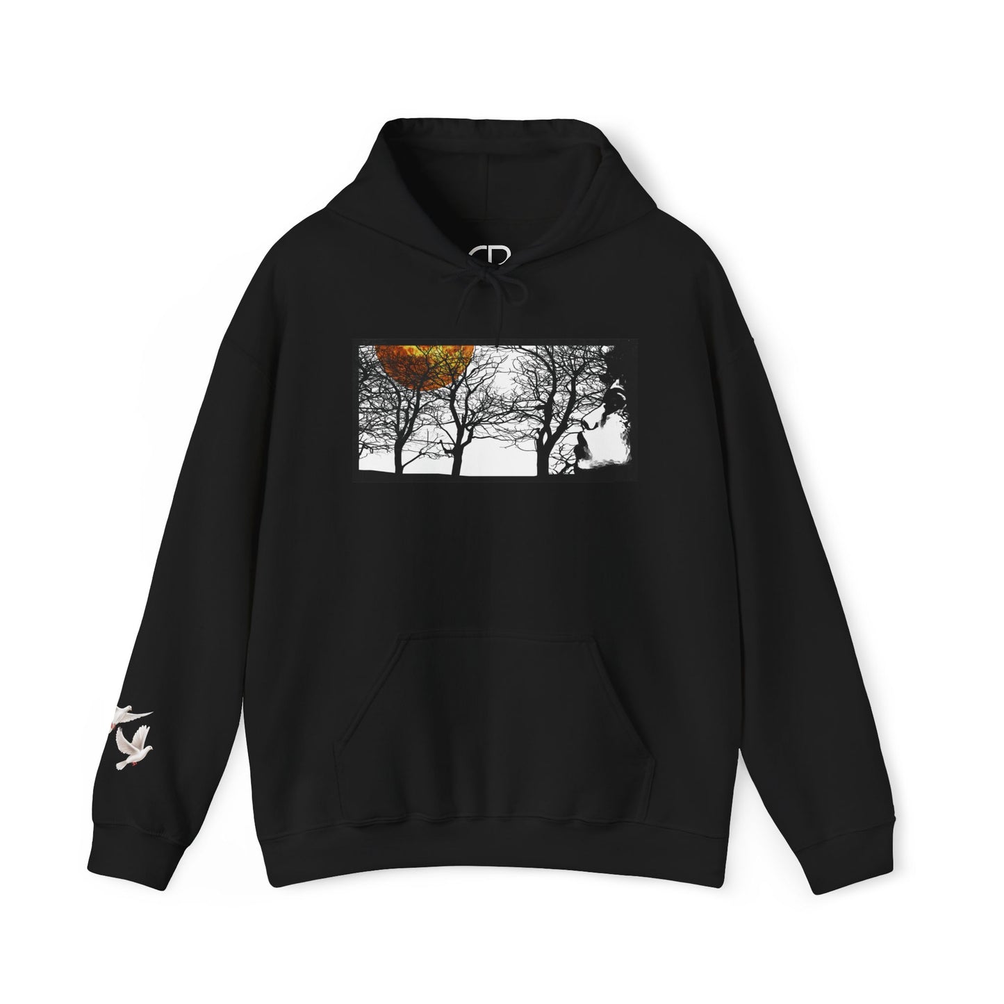 Black Through The Wilderness pullover hoodie featuring a black-and-white forest landscape graphic with a glowing autumn leaf on the front and a small bird logo on the left sleeve.